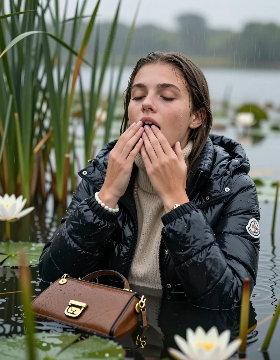 photo of young woman, in soaking wet, drenched clothes,
, , Moncler shiny Puffer down jacket,  knit turtleneck sweater, handbag, pearl necklace, bracelet, wristwatch , Emerging after diving in a lake with water lilies and reeds, rain , 
enjoying, wet clothes stuck to body,
detailed textures of the wet clothes, wet face, wet plastered hair,
wet, drenched, professional, high-quality details, full body view.
sharp focus, ultra-high pixel detail, realistic, high-quality, full colors, incredibly detailed, 4k, 8k, 16k, hyper-realistic, RAW photo, masterpiece, ultra-detailed, professionally color graded, professional photograph, Sleek long straight hair 

19 years old  teenage girl

open mouth, big eyes, hold one hand on her mouth, the other hand between her bouche .  Laying her breast on the surface.  Looking up. Closed eyes.

she is completely underwater up to her neck, horny  and sexuell aroused expression. Has an orgasm.

She hides in the reeds and is surprised by spectators

her submerged clothes are hardly vusible under water, she soaked her handbag into the water

close up view, wet skin, wet clothes, wet hair, damp fabric, water runs down the clothes, wet skin, wet clothes, damp fabric, wet skin, wet clothes, damp fabric, wet skin, wet clothes, damp fabric, wet skin, wet clothes, damp fabric, wet skin, wet clothes, damp fabric, wet skin, wet clothes, damp fabric, wet skin, wet clothes, damp fabric, wet skin, wet clothes, damp fabric, wet skin, wet clothes, damp fabric, wet skin, wet clothes, damp fabric, wet skin, wet clothes, damp fabric, wet skin, wet clothes, damp fabric, wet skin, wet clothes, damp fabric, wet skin, wet clothes, damp fabric, wet skin, wet clothes, damp fabric, wet skin, wet clothes, damp fabric, wet skin, wet clothes, damp fabric