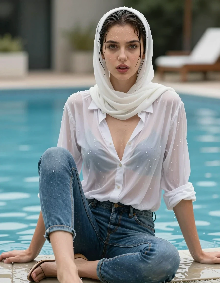 photo of young woman, in soaking wet, drenched clothes,
Heels, Jeans, White shirt, Pool, 
enjoying, wet clothes stuck to body,
detailed textures of the wet clothes, wet face, wet plastered hair,
wet, drenched, professional, high-quality details, full body view.
sharp focus, ultra-high pixel detail, realistic, high-quality, full colors, incredibly detailed, 4k, 8k, 16k, hyper-realistic, RAW photo, masterpiece, ultra-detailed, professionally color graded, professional photograph, Seethrough breasts, wearing hijab, wet skin, wet clothes, damp fabric