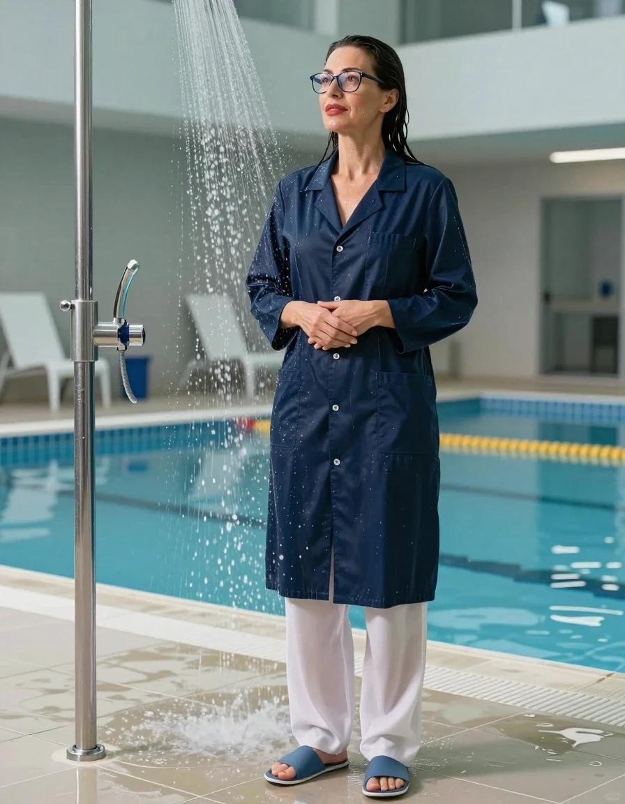 photo of young woman, in soaking wet, drenched clothes,
slippers, long dark white labtrousers, maxi dark blue labcoat with long sleeves, TAKING SHOWER, indoor swimming pool, enjoying wet clothes stuck body, 
enjoying, wet clothes stuck to body,
detailed textures of the wet clothes, wet face, wet plastered hair,
wet, drenched, professional, high-quality details, full body view.
sharp focus, ultra-high pixel detail, realistic, high-quality, full colors, incredibly detailed, 4k, 8k, 16k, hyper-realistic, RAW photo, masterpiece, ultra-detailed, professionally color graded, professional photograph, europen brunette skinny woman 50 years old, long dark black hair, very big and thick lips,  office glasses, complete body, wet skin, wet clothes, damp fabric, wet skin, wet clothes, damp fabric, wet skin, wet clothes, damp fabric, wet skin, wet clothes, damp fabric, wet skin, wet clothes, damp fabric