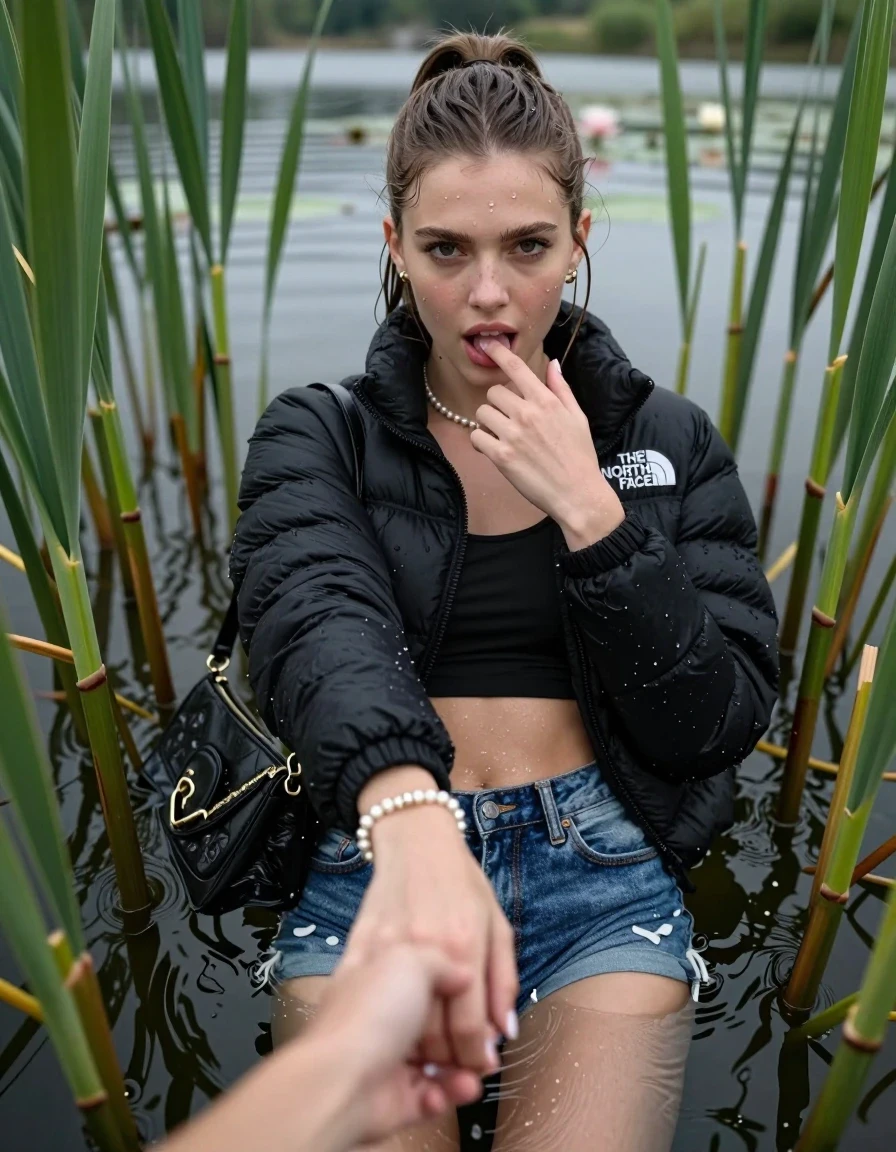 photo of young woman, in soaking wet, drenched clothes,
, sexy mini jeans short, black puffer down jacket from north face, tight sexy longsleeve crop top with wide neckline belly free, handbag, pearl necklace, bracelet, wristwatch, Emerging after diving in a lake with water lilies and reeds, 
enjoying, wet clothes stuck to body,
detailed textures of the wet clothes, wet face, wet plastered hair,
wet, drenched, professional, high-quality details, full body view.
sharp focus, ultra-high pixel detail, realistic, high-quality, full colors, incredibly detailed, 4k, 8k, 16k, hyper-realistic, RAW photo, masterpiece, ultra-detailed, professionally color graded, professional photograph, Sleek long ponytail with bangs

15 years old  teenage girl

open mouth, big eyes. 0ne hand with a finger at her tongue  inside her mouth, hold with the other the viewer's hand, pulling them toward the center of the water. Laying her breast and arms on the surface.  Whole body and shoulders are submerged under the surface. Looking up at camera. horny eyes.

she is completely underwater up to her neck,  horny and sexuell aroused expression.

She hides in the reeds.

her submerged clothes are hardly vusible under water, she soaked her handbag into the water

close up view, wet skin, wet clothes, wet hair, damp fabric, water runs down the clothes, wet skin, wet clothes, damp fabric, wet skin, wet clothes, damp fabric, wet skin, wet clothes, damp fabric, wet skin, wet clothes, damp fabric, wet skin, wet clothes, damp fabric, wet skin, wet clothes, damp fabric, wet skin, wet clothes, damp fabric, wet skin, wet clothes, damp fabric, wet skin, wet clothes, damp fabric, wet skin, wet clothes, damp fabric, wet skin, wet clothes, damp fabric, wet skin, wet clothes, damp fabric, wet skin, wet clothes, damp fabric, wet skin, wet clothes, damp fabric, wet skin, wet clothes, damp fabric, wet skin, wet clothes, damp fabric, wet skin, wet clothes, damp fabric, wet skin, wet clothes, damp fabric, wet skin, wet clothes, damp fabric, wet skin, wet clothes, damp fabric, wet skin, wet clothes, damp fabric, wet skin, wet clothes, damp fabric, wet skin, wet clothes, damp fabric
