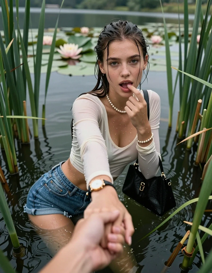 photo of young woman, in soaking wet, drenched clothes,
, sexy mini jeans short, tight sexy longsleeve crop top with wide neckline belly free, handbag, pearl necklace, bracelet, wristwatch, Emerging after diving in a lake with water lilies and reeds, 
enjoying, wet clothes stuck to body,
detailed textures of the wet clothes, wet face, wet plastered hair,
wet, drenched, professional, high-quality details, full body view.
sharp focus, ultra-high pixel detail, realistic, high-quality, full colors, incredibly detailed, 4k, 8k, 16k, hyper-realistic, RAW photo, masterpiece, ultra-detailed, professionally color graded, professional photograph, Sleek long ponytail with bangs

15 years old  teenage girl

open mouth, big eyes. 0ne hand with a finger at her tongue  inside her mouth, hold with the other the viewer's hand, pulling them toward the center of the water. Laying her breast and arms on the surface.  Whole body and shoulders are submerged under the surface. Looking up at camera.

she is completely underwater up to her neck,  horny and sexuell aroused expression.

She hides in the reeds.

her submerged clothes are hardly vusible under water, she soaked her handbag into the water

close up view, wet skin, wet clothes, wet hair, damp fabric, water runs down the clothes, wet skin, wet clothes, damp fabric, wet skin, wet clothes, damp fabric, wet skin, wet clothes, damp fabric, wet skin, wet clothes, damp fabric, wet skin, wet clothes, damp fabric, wet skin, wet clothes, damp fabric, wet skin, wet clothes, damp fabric, wet skin, wet clothes, damp fabric, wet skin, wet clothes, damp fabric, wet skin, wet clothes, damp fabric, wet skin, wet clothes, damp fabric, wet skin, wet clothes, damp fabric, wet skin, wet clothes, damp fabric, wet skin, wet clothes, damp fabric, wet skin, wet clothes, damp fabric, wet skin, wet clothes, damp fabric, wet skin, wet clothes, damp fabric, wet skin, wet clothes, damp fabric, wet skin, wet clothes, damp fabric, wet skin, wet clothes, damp fabric, wet skin, wet clothes, damp fabric, wet skin, wet clothes, damp fabric