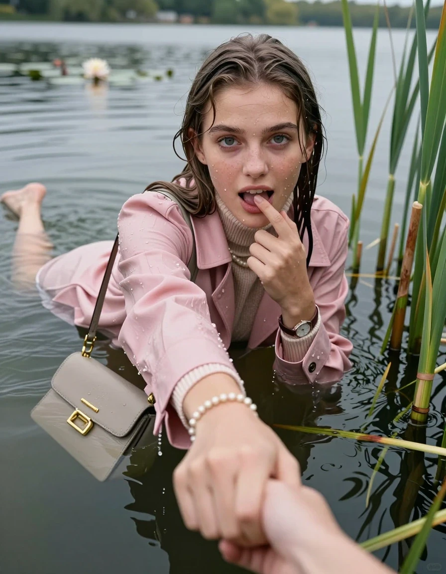 photo of young woman, in soaking wet, drenched clothes,
, ,  pink coat,  knit turtleneck sweater, handbag, pearl necklace, bracelet, wristwatch, Emerging after diving in a lake with water lilies and reeds, 
enjoying, wet clothes stuck to body,
detailed textures of the wet clothes, wet face, wet plastered hair,
wet, drenched, professional, high-quality details, full body view.
sharp focus, ultra-high pixel detail, realistic, high-quality, full colors, incredibly detailed, 4k, 8k, 16k, hyper-realistic, RAW photo, masterpiece, ultra-detailed, professionally color graded, professional photograph, Sleek long straight hair

15 years old  teenage girl

open mouth, big eyes. 0ne hand with a finger at her tongue  inside her mouth, hold with the other the viewer's hand, pulling them toward the center of the water. Laying her breast and arms on the surface.  Whole body and shoulders are submerged under the surface. Looking up at camera.

she is completely underwater up to her neck,  horny and sexuell aroused expression.

She hides in the reeds.

her submerged clothes are hardly vusible under water, she soaked her handbag into the water

close up view, wet skin, wet clothes, wet hair, damp fabric, water runs down the clothes, wet skin, wet clothes, damp fabric, wet skin, wet clothes, damp fabric, wet skin, wet clothes, damp fabric, wet skin, wet clothes, damp fabric, wet skin, wet clothes, damp fabric, wet skin, wet clothes, damp fabric, wet skin, wet clothes, damp fabric, wet skin, wet clothes, damp fabric, wet skin, wet clothes, damp fabric, wet skin, wet clothes, damp fabric, wet skin, wet clothes, damp fabric, wet skin, wet clothes, damp fabric, wet skin, wet clothes, damp fabric, wet skin, wet clothes, damp fabric, wet skin, wet clothes, damp fabric, wet skin, wet clothes, damp fabric, wet skin, wet clothes, damp fabric, wet skin, wet clothes, damp fabric, wet skin, wet clothes, damp fabric