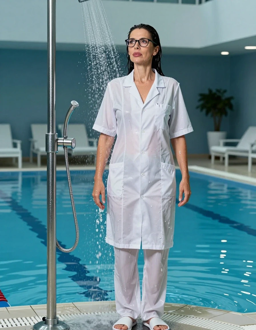 photo of young woman, in soaking wet, drenched clothes,
slippers, long white labtrousers, maxi white labcoat with short sleeves, TAKING SHOWER, indoor swimming pool, enjoying wet clothes stuck body, 
enjoying, wet clothes stuck to body,
detailed textures of the wet clothes, wet face, wet plastered hair,
wet, drenched, professional, high-quality details, full body view.
sharp focus, ultra-high pixel detail, realistic, high-quality, full colors, incredibly detailed, 4k, 8k, 16k, hyper-realistic, RAW photo, masterpiece, ultra-detailed, professionally color graded, professional photograph, europen brunette skinny woman 50 years old, long dark black hair, very big and thick lips,  office glasses, complete body, wet skin, wet clothes, damp fabric, wet skin, wet clothes, damp fabric, wet skin, wet clothes, damp fabric, wet skin, wet clothes, damp fabric, wet skin, wet clothes, damp fabric