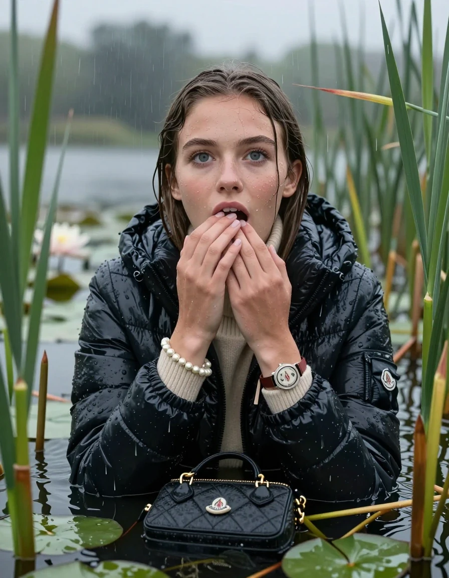 photo of young woman, in soaking wet, drenched clothes,
, , Moncler shiny Puffer down jacket,  knit turtleneck sweater, handbag, pearl necklace, bracelet, wristwatch , Emerging after diving in a lake with water lilies and reeds, rain , 
enjoying, wet clothes stuck to body,
detailed textures of the wet clothes, wet face, wet plastered hair,
wet, drenched, professional, high-quality details, full body view.
sharp focus, ultra-high pixel detail, realistic, high-quality, full colors, incredibly detailed, 4k, 8k, 16k, hyper-realistic, RAW photo, masterpiece, ultra-detailed, professionally color graded, professional photograph, Sleek long straight hair 

19 years old  teenage girl

open mouth, big eyes, hold one hand on her mouth, the other hand between her bouche .  Laying her breast on the surface.  Looking up at camera. Big eyes.

she is completely underwater up to her neck, horny  and sexuell aroused expression. Has an orgasm.

She hides in the reeds and is surprised by spectators

her submerged clothes are hardly vusible under water, she soaked her handbag into the water

close up view, wet skin, wet clothes, wet hair, damp fabric, water runs down the clothes, wet skin, wet clothes, damp fabric, wet skin, wet clothes, damp fabric, wet skin, wet clothes, damp fabric, wet skin, wet clothes, damp fabric, wet skin, wet clothes, damp fabric, wet skin, wet clothes, damp fabric, wet skin, wet clothes, damp fabric, wet skin, wet clothes, damp fabric, wet skin, wet clothes, damp fabric, wet skin, wet clothes, damp fabric, wet skin, wet clothes, damp fabric, wet skin, wet clothes, damp fabric, wet skin, wet clothes, damp fabric, wet skin, wet clothes, damp fabric, wet skin, wet clothes, damp fabric, wet skin, wet clothes, damp fabric, wet skin, wet clothes, damp fabric