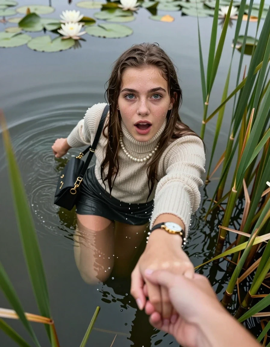 photo of young woman, in soaking wet, drenched clothes,
boots, mini skirt, stockings, knit turtleneck sweater, handbag, pearl necklace, bracelet, wristwatch, Emerging after diving in a lake with water lilies and reeds, 
enjoying, wet clothes stuck to body,
detailed textures of the wet clothes, wet face, wet plastered hair,
wet, drenched, professional, high-quality details, full body view.
sharp focus, ultra-high pixel detail, realistic, high-quality, full colors, incredibly detailed, 4k, 8k, 16k, hyper-realistic, RAW photo, masterpiece, ultra-detailed, professionally color graded, professional photograph, Sleek long straight hair

15 years old  teenage girl

open mouth, big eyes. hold with her hands the viewer's hand, pulling them toward the center of the water. Laying her breast and arms on the surface.  Whole body and shoulders are submerged under the surface. Looking up at camera.

she is completely underwater up to her neck,  horny and sexuell aroused expression.

She hides in the reeds.

her submerged clothes are hardly vusible under water, she soaked her handbag into the water

close up view, wet skin, wet clothes, wet hair, damp fabric, water runs down the clothes, wet skin, wet clothes, damp fabric, wet skin, wet clothes, damp fabric, wet skin, wet clothes, damp fabric, wet skin, wet clothes, damp fabric, wet skin, wet clothes, damp fabric, wet skin, wet clothes, damp fabric, wet skin, wet clothes, damp fabric, wet skin, wet clothes, damp fabric, wet skin, wet clothes, damp fabric, wet skin, wet clothes, damp fabric, wet skin, wet clothes, damp fabric, wet skin, wet clothes, damp fabric, wet skin, wet clothes, damp fabric, wet skin, wet clothes, damp fabric, wet skin, wet clothes, damp fabric, wet skin, wet clothes, damp fabric, wet skin, wet clothes, damp fabric, wet skin, wet clothes, damp fabric, wet skin, wet clothes, damp fabric