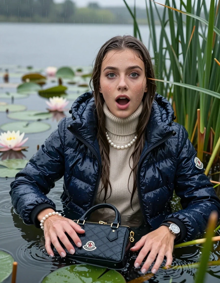 photo of young woman, in soaking wet, drenched clothes,
, , Moncler shiny Puffer down jacket,  knit turtleneck sweater, handbag, pearl necklace, bracelet, wristwatch , Emerging after diving in a lake with water lilies and reeds, rain , 
enjoying, wet clothes stuck to body,
detailed textures of the wet clothes, wet face, wet plastered hair,
wet, drenched, professional, high-quality details, full body view.
sharp focus, ultra-high pixel detail, realistic, high-quality, full colors, incredibly detailed, 4k, 8k, 16k, hyper-realistic, RAW photo, masterpiece, ultra-detailed, professionally color graded, professional photograph, Sleek long straight hair 

19 years old  teenage girl

open mouth, big eye .  Laying her breast on the surface.  Looking at camera.

she is completely underwater up to her neck, stupified shocked expression. 

She hides in the reeds and is surprised by spectators

her submerged clothes are hardly vusible under water, she soaked her handbag into the water

close up view, wet skin, wet clothes, wet hair, damp fabric, water runs down the clothes, wet skin, wet clothes, damp fabric, wet skin, wet clothes, damp fabric, wet skin, wet clothes, damp fabric, wet skin, wet clothes, damp fabric, wet skin, wet clothes, damp fabric, wet skin, wet clothes, damp fabric, wet skin, wet clothes, damp fabric, wet skin, wet clothes, damp fabric, wet skin, wet clothes, damp fabric, wet skin, wet clothes, damp fabric, wet skin, wet clothes, damp fabric, wet skin, wet clothes, damp fabric, wet skin, wet clothes, damp fabric, wet skin, wet clothes, damp fabric, wet skin, wet clothes, damp fabric, wet skin, wet clothes, damp fabric, wet skin, wet clothes, damp fabric
