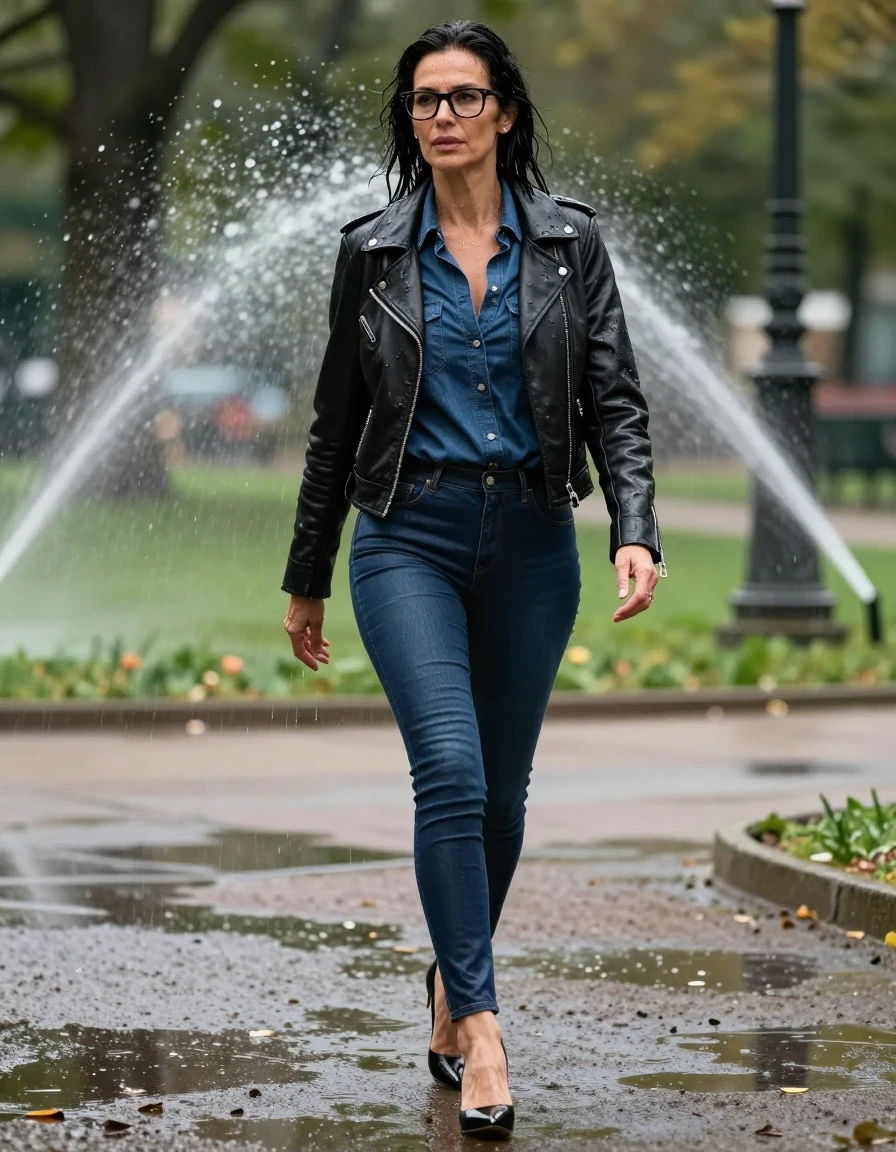 photo of young woman, in soaking wet, drenched clothes,
high-heeled shoes, long dark blue tight leather jeans, long dark blue denim shirt, black leather byker jacket, walking in park under sprinklers under the sun, 
enjoying, wet clothes stuck to body,
detailed textures of the wet clothes, wet face, wet plastered hair,
wet, drenched, professional, high-quality details, full body view.
sharp focus, ultra-high pixel detail, realistic, high-quality, full colors, incredibly detailed, 4k, 8k, 16k, hyper-realistic, RAW photo, masterpiece, ultra-detailed, professionally color graded, professional photograph, europen brunette skinny woman 50 years old, long dark black hair, very big and thick lips,  office glasses, complete body, wet skin, wet clothes, damp fabric, wet skin, wet clothes, damp fabric, wet skin, wet clothes, damp fabric, wet skin, wet clothes, damp fabric, wet skin, wet clothes, damp fabric