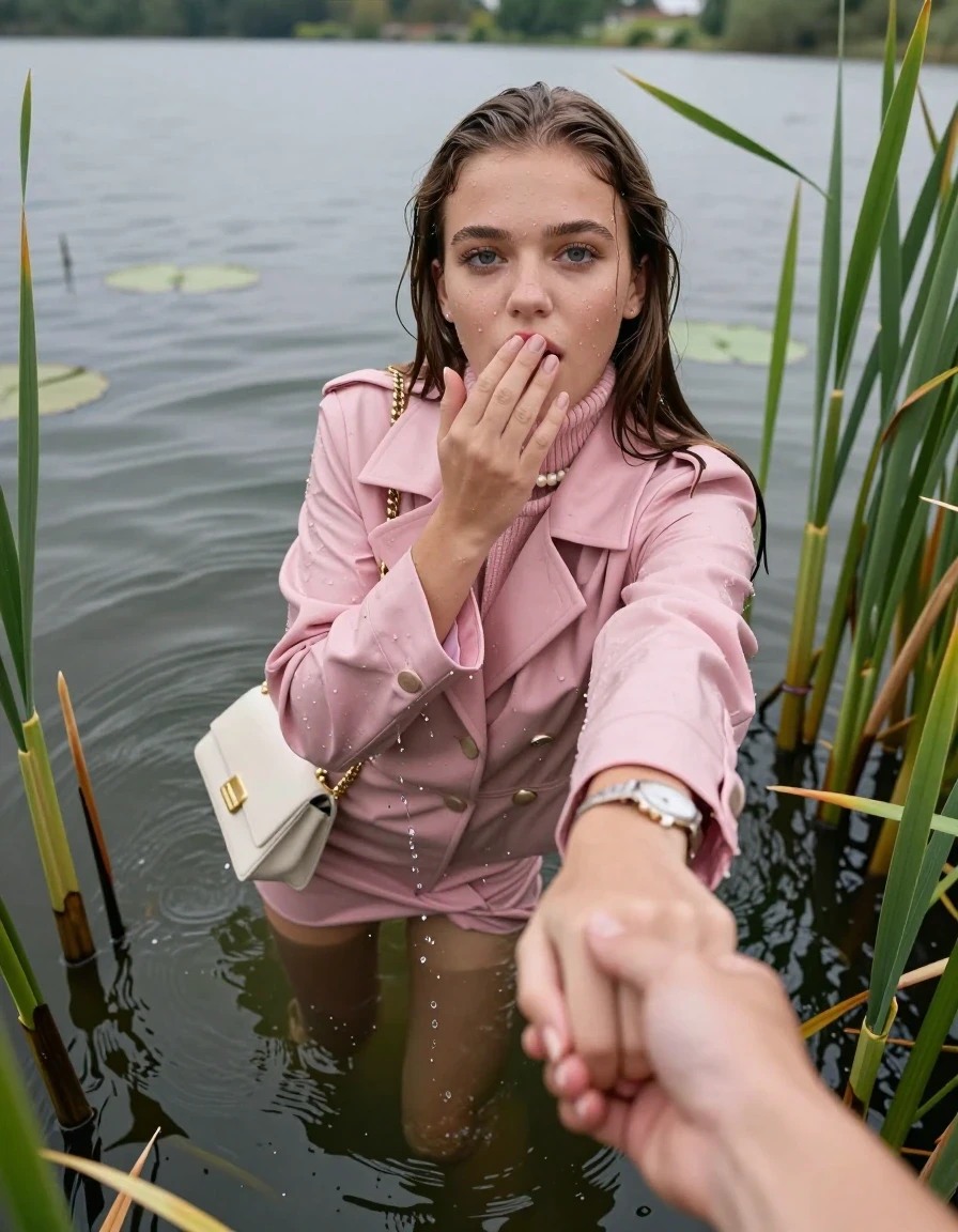 photo of young woman, in soaking wet, drenched clothes,
boots, mini skirt,  pink coat,  knit turtleneck sweater, handbag, pearl necklace, bracelet, wristwatch, Emerging after diving in a lake with water lilies and reeds, 
enjoying, wet clothes stuck to body,
detailed textures of the wet clothes, wet face, wet plastered hair,
wet, drenched, professional, high-quality details, full body view.
sharp focus, ultra-high pixel detail, realistic, high-quality, full colors, incredibly detailed, 4k, 8k, 16k, hyper-realistic, RAW photo, masterpiece, ultra-detailed, professionally color graded, professional photograph, Sleek long straight hair

15 years old  teenage girl

open mouth, big eyes. 0ne hand over her mouth, hold with the other the viewer's hand, pulling them toward the center of the water. Laying her breast and arms on the surface.  Whole body and shoulders are submerged under the surface. Looking up at camera.

she is completely underwater up to her neck,  horny and sexuell aroused expression.

She hides in the reeds.

her submerged clothes are hardly vusible under water, she soaked her handbag into the water

close up view, wet skin, wet clothes, wet hair, damp fabric, water runs down the clothes, wet skin, wet clothes, damp fabric, wet skin, wet clothes, damp fabric, wet skin, wet clothes, damp fabric, wet skin, wet clothes, damp fabric, wet skin, wet clothes, damp fabric, wet skin, wet clothes, damp fabric, wet skin, wet clothes, damp fabric, wet skin, wet clothes, damp fabric, wet skin, wet clothes, damp fabric, wet skin, wet clothes, damp fabric, wet skin, wet clothes, damp fabric, wet skin, wet clothes, damp fabric, wet skin, wet clothes, damp fabric, wet skin, wet clothes, damp fabric, wet skin, wet clothes, damp fabric, wet skin, wet clothes, damp fabric, wet skin, wet clothes, damp fabric, wet skin, wet clothes, damp fabric, wet skin, wet clothes, damp fabric