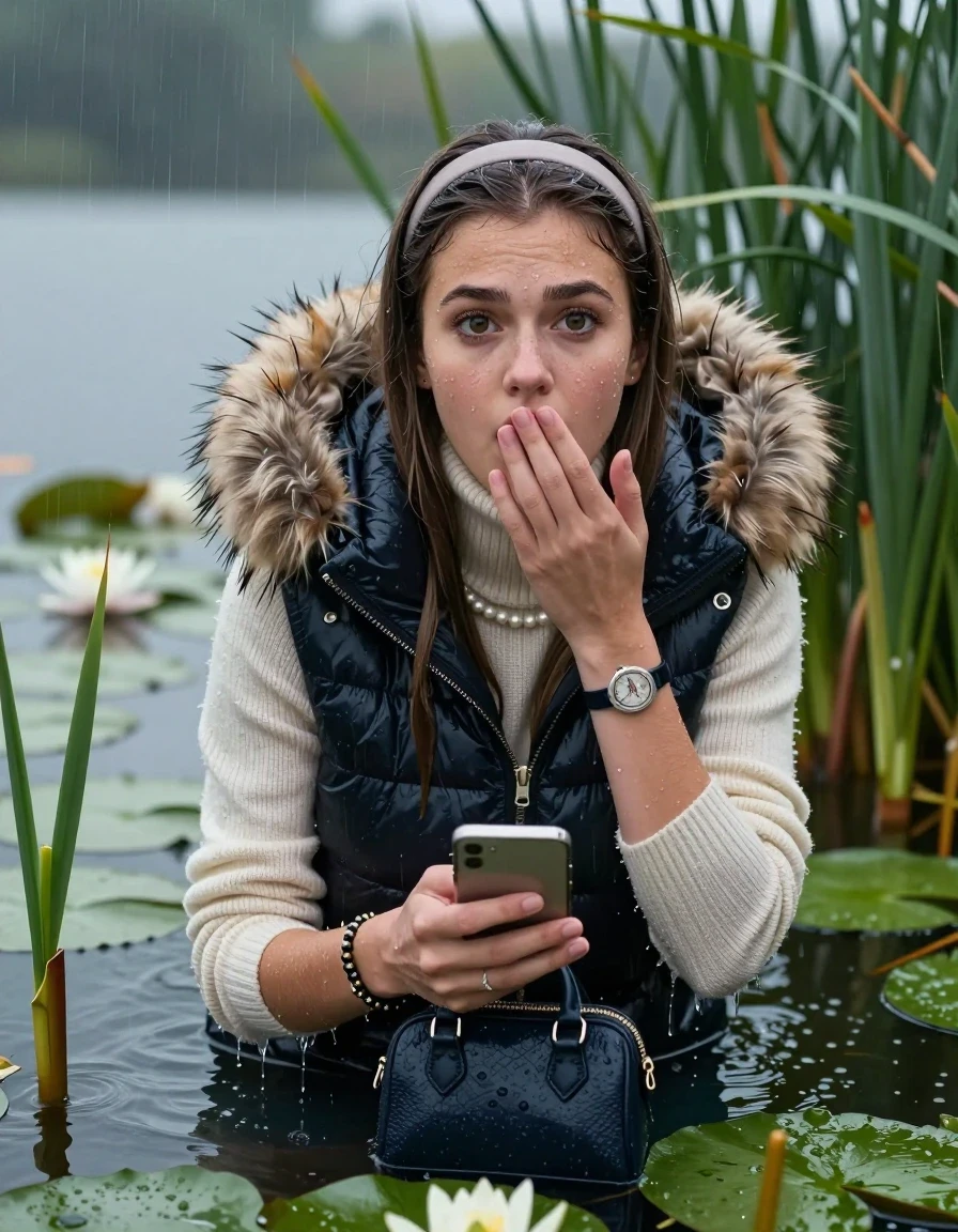 photo of young woman, in soaking wet, drenched clothes,
, , Moncler gilet with big fur hood,  knit turtleneck sweater, handbag, pearl necklace, bracelet, wristwatch , Emerging after diving in a lake with water lilies and reeds, rain , 
enjoying, wet clothes stuck to body,
detailed textures of the wet clothes, wet face, wet plastered hair,
wet, drenched, professional, high-quality details, full body view.
sharp focus, ultra-high pixel detail, realistic, high-quality, full colors, incredibly detailed, 4k, 8k, 16k, hyper-realistic, RAW photo, masterpiece, ultra-detailed, professionally color graded, professional photograph, Sleek long straight hair with hairband

19 years old  teenage girl

open mouth, big eyes, cover her mouth with a hand and in the other hand her smartphone. Laying her breast on the surface.  Looking at camera.

she is completely underwater up to her neck, afraid and astonished expression.

She hides in the reeds and is surprised by spectators

her submerged clothes are hardly vusible under water, she soaked her handbag into the water

close up view, wet skin, wet clothes, wet hair, damp fabric, water runs down the clothes, wet skin, wet clothes, damp fabric, wet skin, wet clothes, damp fabric, wet skin, wet clothes, damp fabric, wet skin, wet clothes, damp fabric, wet skin, wet clothes, damp fabric, wet skin, wet clothes, damp fabric, wet skin, wet clothes, damp fabric, wet skin, wet clothes, damp fabric, wet skin, wet clothes, damp fabric, wet skin, wet clothes, damp fabric, wet skin, wet clothes, damp fabric, wet skin, wet clothes, damp fabric, wet skin, wet clothes, damp fabric, wet skin, wet clothes, damp fabric, wet skin, wet clothes, damp fabric, wet skin, wet clothes, damp fabric, wet skin, wet clothes, damp fabric