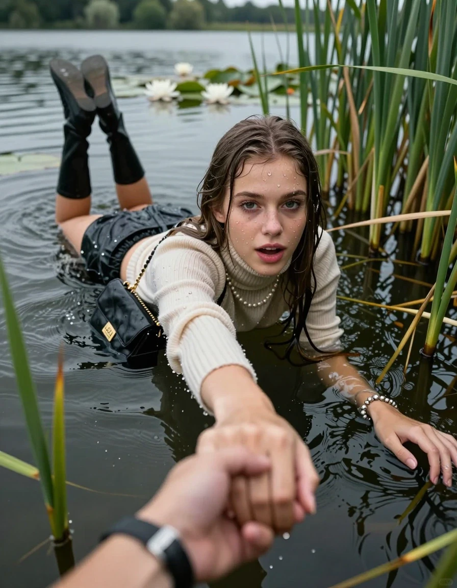 photo of young woman, in soaking wet, drenched clothes,
boots, mini skirt, stockings, knit turtleneck sweater, handbag, pearl necklace, bracelet, wristwatch, Emerging after diving in a lake with water lilies and reeds, 
enjoying, wet clothes stuck to body,
detailed textures of the wet clothes, wet face, wet plastered hair,
wet, drenched, professional, high-quality details, full body view.
sharp focus, ultra-high pixel detail, realistic, high-quality, full colors, incredibly detailed, 4k, 8k, 16k, hyper-realistic, RAW photo, masterpiece, ultra-detailed, professionally color graded, professional photograph, Sleek long straight hair

15 years old  teenage girl

open mouth, big eyes. hold with her hands the viewer's hand, pulling them toward the center of the water. Laying her breast and arms on the surface.  Whole body and shoulders are submerged under the surface. Looking up at camera.

she is completely underwater up to her neck,  horny and sexuell aroused expression.

She hides in the reeds.

her submerged clothes are hardly vusible under water, she soaked her handbag into the water

close up view, wet skin, wet clothes, wet hair, damp fabric, water runs down the clothes, wet skin, wet clothes, damp fabric, wet skin, wet clothes, damp fabric, wet skin, wet clothes, damp fabric, wet skin, wet clothes, damp fabric, wet skin, wet clothes, damp fabric, wet skin, wet clothes, damp fabric, wet skin, wet clothes, damp fabric, wet skin, wet clothes, damp fabric, wet skin, wet clothes, damp fabric, wet skin, wet clothes, damp fabric, wet skin, wet clothes, damp fabric, wet skin, wet clothes, damp fabric, wet skin, wet clothes, damp fabric, wet skin, wet clothes, damp fabric, wet skin, wet clothes, damp fabric, wet skin, wet clothes, damp fabric, wet skin, wet clothes, damp fabric, wet skin, wet clothes, damp fabric, wet skin, wet clothes, damp fabric