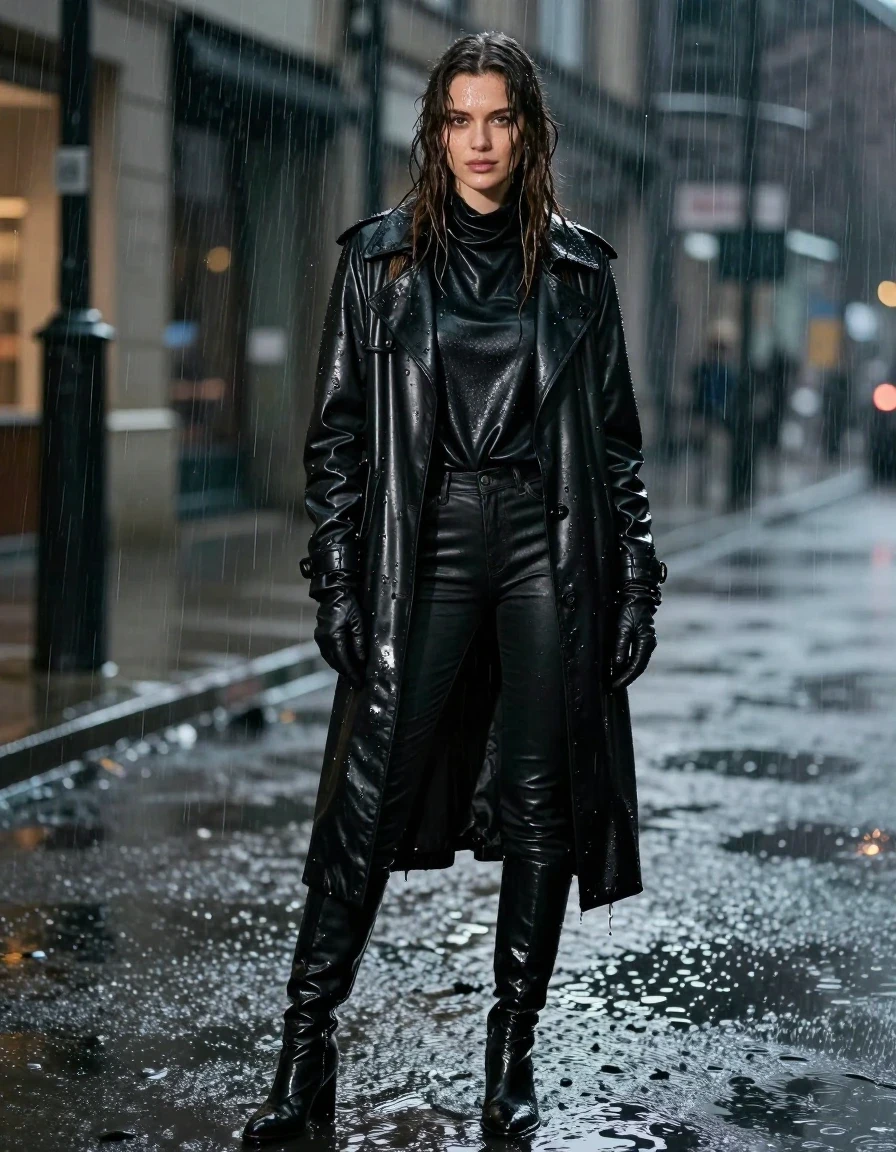 photo of young woman, in soaking wet, drenched clothes,
black leather knee-high boots, black leather jeans, oversize black leather polar neck shirt, leather gloves on both hands, black leather trench coat, standing in heavy rain, drenched in water, at night, 
enjoying, wet clothes stuck to body,
detailed textures of the wet clothes, wet face, wet plastered hair,
wet, drenched, professional, high-quality details, full body view.
sharp focus, ultra-high pixel detail, realistic, high-quality, full colors, incredibly detailed, 4k, 8k, 16k, hyper-realistic, RAW photo, masterpiece, ultra-detailed, professionally color graded, professional photograph, white woman, long dripping wet brown hair,, wet skin, wet clothes, damp fabric, wet skin, wet clothes, damp fabric