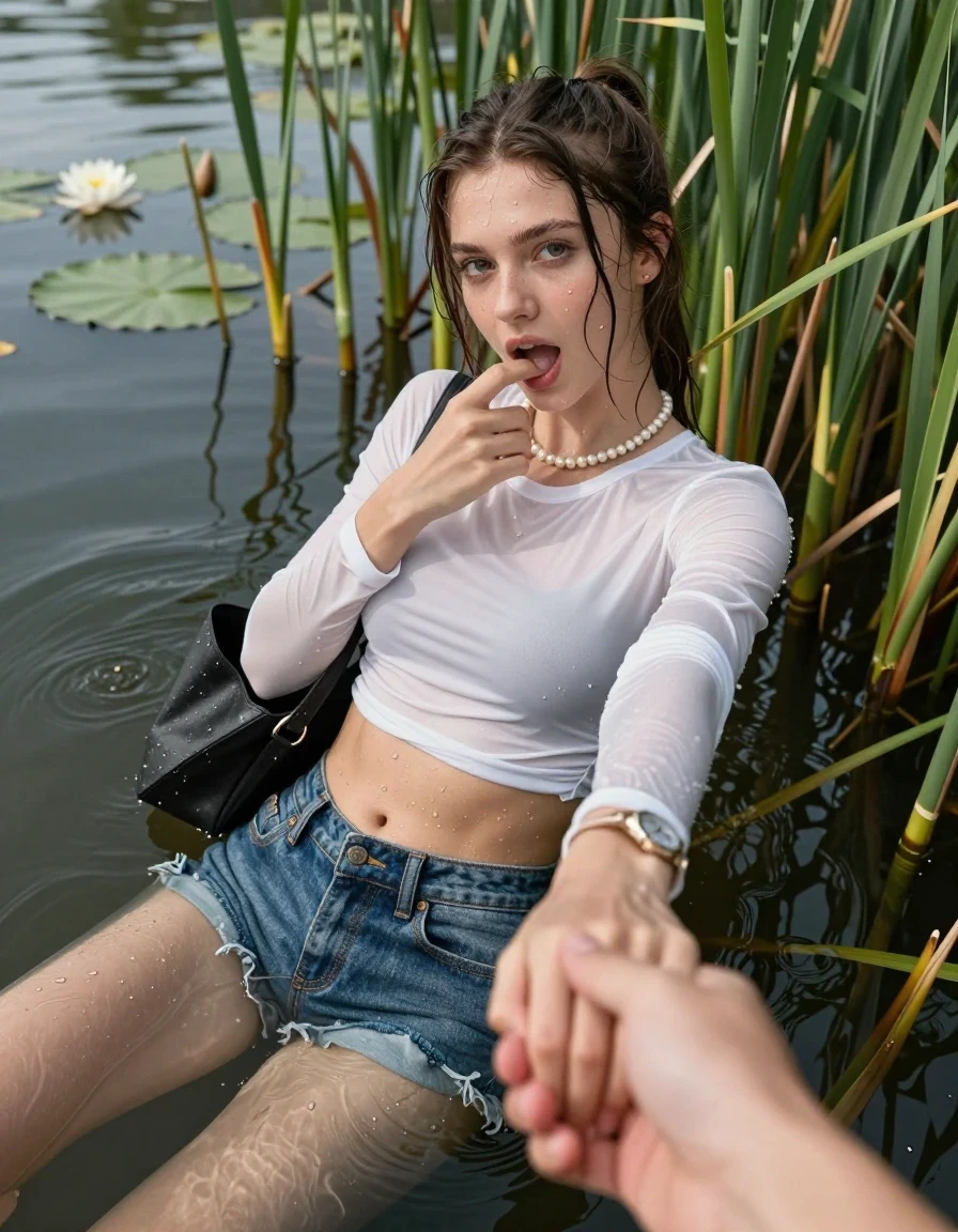 photo of young woman, in soaking wet, drenched clothes,
, sexy mini jeans short, tight sexy longsleeve crop top with wide neckline belly free, handbag, pearl necklace, bracelet, wristwatch, Emerging after diving in a lake with water lilies and reeds, 
enjoying, wet clothes stuck to body,
detailed textures of the wet clothes, wet face, wet plastered hair,
wet, drenched, professional, high-quality details, full body view.
sharp focus, ultra-high pixel detail, realistic, high-quality, full colors, incredibly detailed, 4k, 8k, 16k, hyper-realistic, RAW photo, masterpiece, ultra-detailed, professionally color graded, professional photograph, Sleek long ponytail with bangs

15 years old  teenage girl

open mouth, big eyes. 0ne hand with a finger at her tongue  inside her mouth, hold with the other the viewer's hand, pulling them toward the center of the water. Laying her breast and arms on the surface.  Whole body and shoulders are submerged under the surface. Looking up at camera.

she is completely underwater up to her neck,  horny and sexuell aroused expression.

She hides in the reeds.

her submerged clothes are hardly vusible under water, she soaked her handbag into the water

close up view, wet skin, wet clothes, wet hair, damp fabric, water runs down the clothes, wet skin, wet clothes, damp fabric, wet skin, wet clothes, damp fabric, wet skin, wet clothes, damp fabric, wet skin, wet clothes, damp fabric, wet skin, wet clothes, damp fabric, wet skin, wet clothes, damp fabric, wet skin, wet clothes, damp fabric, wet skin, wet clothes, damp fabric, wet skin, wet clothes, damp fabric, wet skin, wet clothes, damp fabric, wet skin, wet clothes, damp fabric, wet skin, wet clothes, damp fabric, wet skin, wet clothes, damp fabric, wet skin, wet clothes, damp fabric, wet skin, wet clothes, damp fabric, wet skin, wet clothes, damp fabric, wet skin, wet clothes, damp fabric, wet skin, wet clothes, damp fabric, wet skin, wet clothes, damp fabric, wet skin, wet clothes, damp fabric, wet skin, wet clothes, damp fabric, wet skin, wet clothes, damp fabric