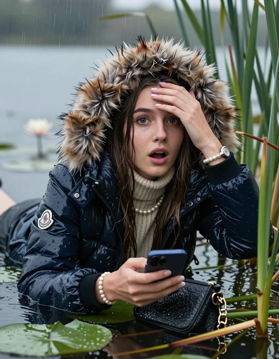 photo of young woman, in soaking wet, drenched clothes,
, , Moncler Puffer down jacket with big fur hood,  knit turtleneck sweater, handbag, pearl necklace, bracelet, wristwatch , Emerging after diving in a lake with water lilies and reeds, rain , 
enjoying, wet clothes stuck to body,
detailed textures of the wet clothes, wet face, wet plastered hair,
wet, drenched, professional, high-quality details, full body view.
sharp focus, ultra-high pixel detail, realistic, high-quality, full colors, incredibly detailed, 4k, 8k, 16k, hyper-realistic, RAW photo, masterpiece, ultra-detailed, professionally color graded, professional photograph, Close-up. 
Sleek long straight hair 

19 years old  teenage girl

open mouth, big eyes, one hand on her forehead and in the other hand her smartphone. Laying her breast on the surface.  Looking at camera.

she is completely underwater up to her neck, afraid and astonished expression.

She hides in the reeds and is surprised by spectators

her submerged clothes are hardly vusible under water, she soaked her handbag into the water

close up view, wet skin, wet clothes, wet hair, damp fabric, water runs down the clothes, wet skin, wet clothes, damp fabric, wet skin, wet clothes, damp fabric, wet skin, wet clothes, damp fabric, wet skin, wet clothes, damp fabric, wet skin, wet clothes, damp fabric, wet skin, wet clothes, damp fabric, wet skin, wet clothes, damp fabric, wet skin, wet clothes, damp fabric, wet skin, wet clothes, damp fabric, wet skin, wet clothes, damp fabric, wet skin, wet clothes, damp fabric, wet skin, wet clothes, damp fabric, wet skin, wet clothes, damp fabric, wet skin, wet clothes, damp fabric, wet skin, wet clothes, damp fabric, wet skin, wet clothes, damp fabric, wet skin, wet clothes, damp fabric