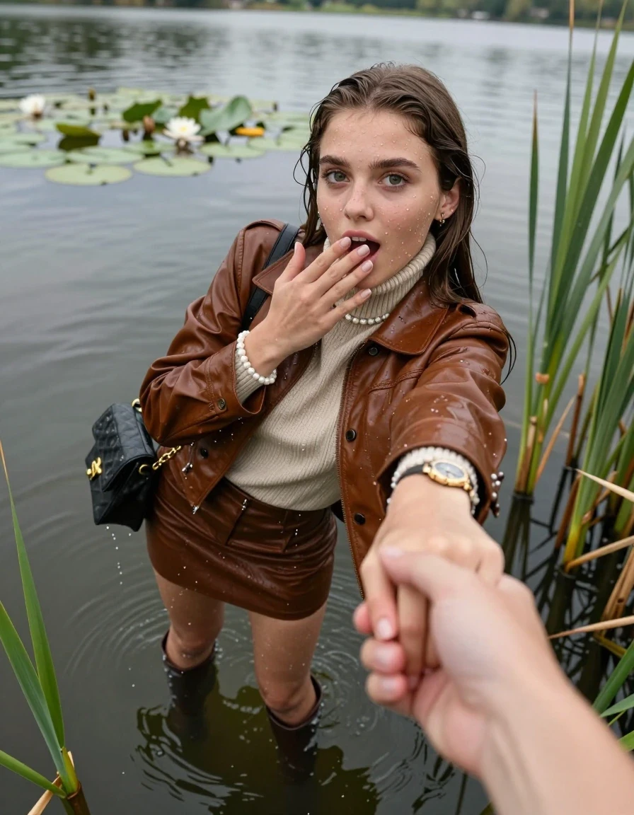 photo of young woman, in soaking wet, drenched clothes,
boots, mini skirt, stockings,  brown leather blouson,  knit turtleneck sweater, handbag, pearl necklace, bracelet, wristwatch, Emerging after diving in a lake with water lilies and reeds, 
enjoying, wet clothes stuck to body,
detailed textures of the wet clothes, wet face, wet plastered hair,
wet, drenched, professional, high-quality details, full body view.
sharp focus, ultra-high pixel detail, realistic, high-quality, full colors, incredibly detailed, 4k, 8k, 16k, hyper-realistic, RAW photo, masterpiece, ultra-detailed, professionally color graded, professional photograph, Sleek long straight hair

15 years old  teenage girl

open mouth, big eyes. 0ne hand over her mouth, hold with the other the viewer's hand, pulling them toward the center of the water. Laying her breast and arms on the surface.  Whole body and shoulders are submerged under the surface. Looking up at camera.

she is completely underwater up to her neck,  horny and sexuell aroused expression.

She hides in the reeds.

her submerged clothes are hardly vusible under water, she soaked her handbag into the water

close up view, wet skin, wet clothes, wet hair, damp fabric, water runs down the clothes, wet skin, wet clothes, damp fabric, wet skin, wet clothes, damp fabric, wet skin, wet clothes, damp fabric, wet skin, wet clothes, damp fabric, wet skin, wet clothes, damp fabric, wet skin, wet clothes, damp fabric, wet skin, wet clothes, damp fabric, wet skin, wet clothes, damp fabric, wet skin, wet clothes, damp fabric, wet skin, wet clothes, damp fabric, wet skin, wet clothes, damp fabric, wet skin, wet clothes, damp fabric, wet skin, wet clothes, damp fabric, wet skin, wet clothes, damp fabric, wet skin, wet clothes, damp fabric, wet skin, wet clothes, damp fabric, wet skin, wet clothes, damp fabric, wet skin, wet clothes, damp fabric, wet skin, wet clothes, damp fabric