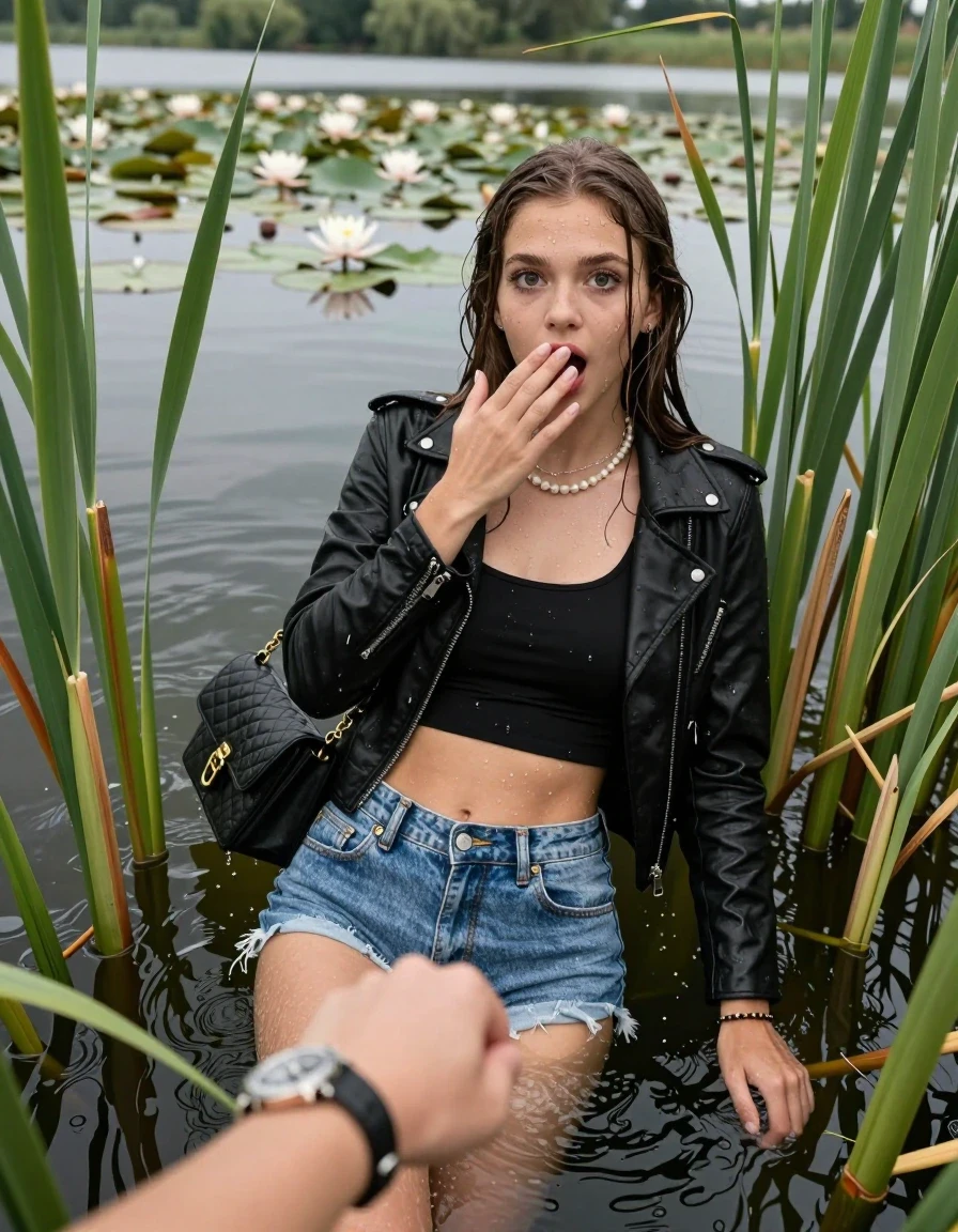 photo of young woman, in soaking wet, drenched clothes,
, sexy mini jeans short, black biker leatherjacket, tight sexy longsleeve crop top with wide neckline belly free, handbag, pearl necklace, bracelet, wristwatch, Emerging after diving in a lake with water lilies and reeds, 
enjoying, wet clothes stuck to body,
detailed textures of the wet clothes, wet face, wet plastered hair,
wet, drenched, professional, high-quality details, full body view.
sharp focus, ultra-high pixel detail, realistic, high-quality, full colors, incredibly detailed, 4k, 8k, 16k, hyper-realistic, RAW photo, masterpiece, ultra-detailed, professionally color graded, professional photograph, Sleek long straight hair

15 years old  teenage girl

open mouth, big eyes. 0ne hand over her mouth, hold with the other the female viewer's hand, pulling them toward the center of the water. Laying her breast and arms on the surface.  Whole body and shoulders are submerged under the surface. Looking up at camera. open mouth , big eyes

she is completely underwater up to her neck, afraid and astonished expression.

She hides in the reeds.

her submerged clothes are hardly vusible under water, she soaked her handbag into the water

close up view, wet skin, wet clothes, wet hair, damp fabric, water runs down the clothes, wet skin, wet clothes, damp fabric, wet skin, wet clothes, damp fabric, wet skin, wet clothes, damp fabric, wet skin, wet clothes, damp fabric, wet skin, wet clothes, damp fabric, wet skin, wet clothes, damp fabric, wet skin, wet clothes, damp fabric, wet skin, wet clothes, damp fabric, wet skin, wet clothes, damp fabric, wet skin, wet clothes, damp fabric, wet skin, wet clothes, damp fabric, wet skin, wet clothes, damp fabric, wet skin, wet clothes, damp fabric, wet skin, wet clothes, damp fabric, wet skin, wet clothes, damp fabric, wet skin, wet clothes, damp fabric, wet skin, wet clothes, damp fabric, wet skin, wet clothes, damp fabric, wet skin, wet clothes, damp fabric, wet skin, wet clothes, damp fabric, wet skin, wet clothes, damp fabric, wet skin, wet clothes, damp fabric