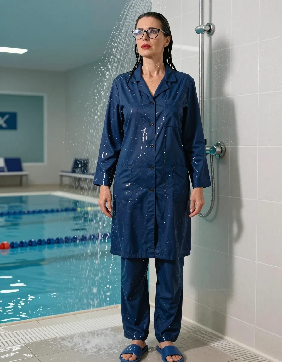photo of young woman, in soaking wet, drenched clothes,
slippers, long blue labtrousers, maxi dark blue labcoat with long sleeves, TAKING SHOWER, indoor swimming pool, enjoying wet clothes stuck body, 
enjoying, wet clothes stuck to body,
detailed textures of the wet clothes, wet face, wet plastered hair,
wet, drenched, professional, high-quality details, full body view.
sharp focus, ultra-high pixel detail, realistic, high-quality, full colors, incredibly detailed, 4k, 8k, 16k, hyper-realistic, RAW photo, masterpiece, ultra-detailed, professionally color graded, professional photograph, europen brunette skinny woman 50 years old, long dark black hair, very big and thick lips,  office glasses, complete body, wet skin, wet clothes, damp fabric, wet skin, wet clothes, damp fabric, wet skin, wet clothes, damp fabric, wet skin, wet clothes, damp fabric, wet skin, wet clothes, damp fabric