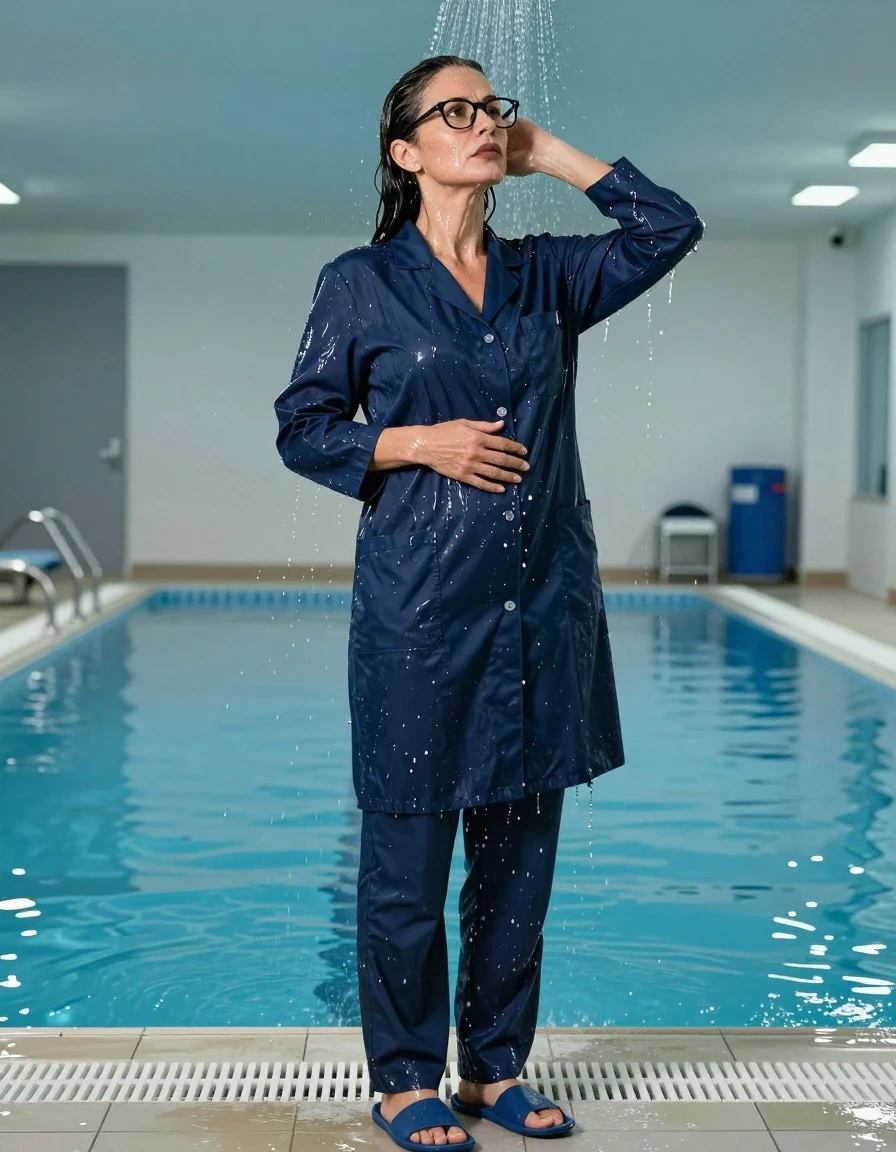 photo of young woman, in soaking wet, drenched clothes,
slippers, long blue labtrousers, maxi dark blue labcoat with long sleeves, TAKING SHOWER, indoor swimming pool, enjoying wet clothes stuck body, 
enjoying, wet clothes stuck to body,
detailed textures of the wet clothes, wet face, wet plastered hair,
wet, drenched, professional, high-quality details, full body view.
sharp focus, ultra-high pixel detail, realistic, high-quality, full colors, incredibly detailed, 4k, 8k, 16k, hyper-realistic, RAW photo, masterpiece, ultra-detailed, professionally color graded, professional photograph, europen brunette skinny woman 50 years old, long dark black hair, very big and thick lips,  office glasses, complete body, wet skin, wet clothes, damp fabric, wet skin, wet clothes, damp fabric, wet skin, wet clothes, damp fabric, wet skin, wet clothes, damp fabric, wet skin, wet clothes, damp fabric