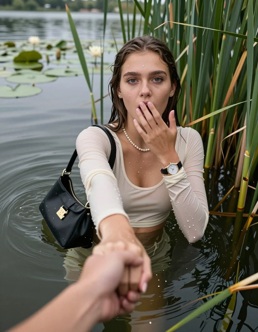 photo of young woman, in soaking wet, drenched clothes,
, , tight sexy longsleeve crop top with wide neckline belly free, handbag, pearl necklace, bracelet, wristwatch, Emerging after diving in a lake with water lilies and reeds, 
enjoying, wet clothes stuck to body,
detailed textures of the wet clothes, wet face, wet plastered hair,
wet, drenched, professional, high-quality details, full body view.
sharp focus, ultra-high pixel detail, realistic, high-quality, full colors, incredibly detailed, 4k, 8k, 16k, hyper-realistic, RAW photo, masterpiece, ultra-detailed, professionally color graded, professional photograph, Sleek long straight hair

15 years old  teenage girl

open mouth, big eyes. 0ne hand over her mouth, hold with the other the viewer's hand, pulling them toward the center of the water. Laying her breast and arms on the surface.  Whole body and shoulders are submerged under the surface. Looking up at camera.

she is completely underwater up to her neck,  horny and sexuell aroused expression.

She hides in the reeds.

her submerged clothes are hardly vusible under water, she soaked her handbag into the water

close up view, wet skin, wet clothes, wet hair, damp fabric, water runs down the clothes, wet skin, wet clothes, damp fabric, wet skin, wet clothes, damp fabric, wet skin, wet clothes, damp fabric, wet skin, wet clothes, damp fabric, wet skin, wet clothes, damp fabric, wet skin, wet clothes, damp fabric, wet skin, wet clothes, damp fabric, wet skin, wet clothes, damp fabric, wet skin, wet clothes, damp fabric, wet skin, wet clothes, damp fabric, wet skin, wet clothes, damp fabric, wet skin, wet clothes, damp fabric, wet skin, wet clothes, damp fabric, wet skin, wet clothes, damp fabric, wet skin, wet clothes, damp fabric, wet skin, wet clothes, damp fabric, wet skin, wet clothes, damp fabric, wet skin, wet clothes, damp fabric, wet skin, wet clothes, damp fabric, wet skin, wet clothes, damp fabric