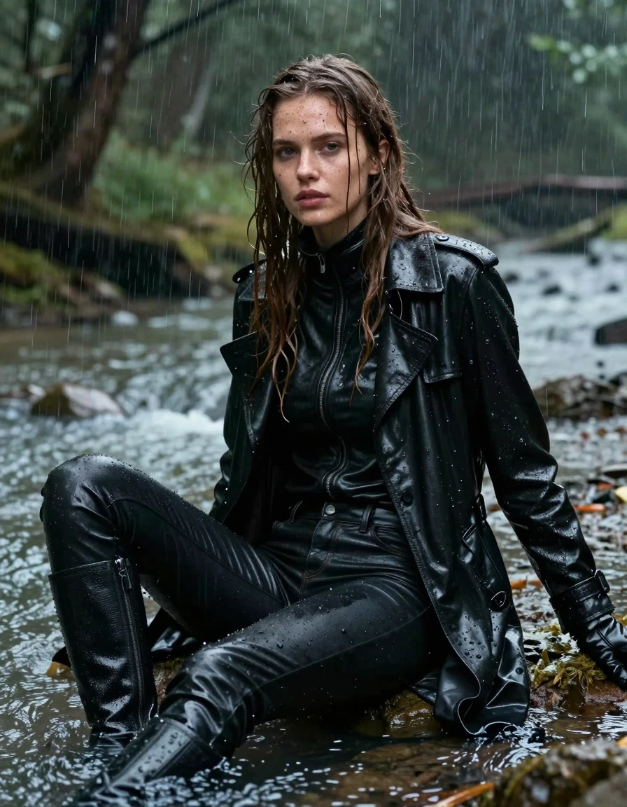 A young adult European woman with long, dripping wet brown hair, sitting in a river within a dense forest during heavy rain. She is fully drenched, with water sheen on her skin and mud splattered across her face and body. She is wearing a black leather polar neck shirt, black leather gloves, black leather jeans, a black leather trench coat, and black leather knee-high boots. All garments are visibly soaked, with the leather appearing darkened, heavy, and clinging to her form with distinct water runoff and high-gloss specular highlights. The scene depicts her sitting in the shallow, turbulent river water, with rain falling heavily around her. The lighting is moody and overcast, emphasizing the texture of the wet leather, the mud on her skin, and the saturated, glistening environment. High-detail photographic composition, sharp focus on the textures of the wet leather and damp hair, cinematic atmosphere, no nudity, clean anatomy.