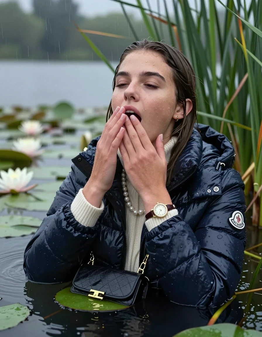 photo of young woman, in soaking wet, drenched clothes,
, , Moncler shiny Puffer down jacket,  knit turtleneck sweater, handbag, pearl necklace, bracelet, wristwatch , Emerging after diving in a lake with water lilies and reeds, rain , 
enjoying, wet clothes stuck to body,
detailed textures of the wet clothes, wet face, wet plastered hair,
wet, drenched, professional, high-quality details, full body view.
sharp focus, ultra-high pixel detail, realistic, high-quality, full colors, incredibly detailed, 4k, 8k, 16k, hyper-realistic, RAW photo, masterpiece, ultra-detailed, professionally color graded, professional photograph, Sleek long straight hair 

19 years old  teenage girl

open mouth, big eyes, hold one hand on her mouth, the other hand between her bouche .  Laying her breast on the surface.  Looking up. Half Closed eyes.

she is completely underwater up to her neck, horny  and sexuell aroused expression. Has an orgasm.

She hides in the reeds and is surprised by spectators

her submerged clothes are hardly vusible under water, she soaked her handbag into the water

close up view, wet skin, wet clothes, wet hair, damp fabric, water runs down the clothes, wet skin, wet clothes, damp fabric, wet skin, wet clothes, damp fabric, wet skin, wet clothes, damp fabric, wet skin, wet clothes, damp fabric, wet skin, wet clothes, damp fabric, wet skin, wet clothes, damp fabric, wet skin, wet clothes, damp fabric, wet skin, wet clothes, damp fabric, wet skin, wet clothes, damp fabric, wet skin, wet clothes, damp fabric, wet skin, wet clothes, damp fabric, wet skin, wet clothes, damp fabric, wet skin, wet clothes, damp fabric, wet skin, wet clothes, damp fabric, wet skin, wet clothes, damp fabric, wet skin, wet clothes, damp fabric, wet skin, wet clothes, damp fabric