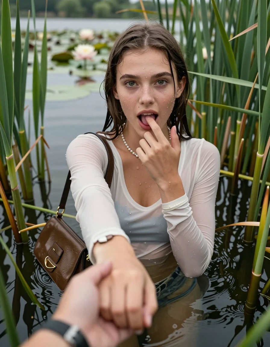 photo of young woman, in soaking wet, drenched clothes,
, , tight sexy tshirt with wide neckline belly free, handbag, pearl necklace, bracelet, wristwatch, Emerging after diving in a lake with water lilies and reeds, 
enjoying, wet clothes stuck to body,
detailed textures of the wet clothes, wet face, wet plastered hair,
wet, drenched, professional, high-quality details, full body view.
sharp focus, ultra-high pixel detail, realistic, high-quality, full colors, incredibly detailed, 4k, 8k, 16k, hyper-realistic, RAW photo, masterpiece, ultra-detailed, professionally color graded, professional photograph, Sleek long straight hair

15 years old  teenage girl

open mouth, big eyes. 0ne hand with a finger at her tongue  inside her mouth, hold with the other the viewer's hand, pulling them toward the center of the water. Laying her breast and arms on the surface.  Whole body and shoulders are submerged under the surface. Looking up at camera.

she is completely underwater up to her neck,  horny and sexuell aroused expression.

She hides in the reeds.

her submerged clothes are hardly vusible under water, she soaked her handbag into the water

close up view, wet skin, wet clothes, wet hair, damp fabric, water runs down the clothes, wet skin, wet clothes, damp fabric, wet skin, wet clothes, damp fabric, wet skin, wet clothes, damp fabric, wet skin, wet clothes, damp fabric, wet skin, wet clothes, damp fabric, wet skin, wet clothes, damp fabric, wet skin, wet clothes, damp fabric, wet skin, wet clothes, damp fabric, wet skin, wet clothes, damp fabric, wet skin, wet clothes, damp fabric, wet skin, wet clothes, damp fabric, wet skin, wet clothes, damp fabric, wet skin, wet clothes, damp fabric, wet skin, wet clothes, damp fabric, wet skin, wet clothes, damp fabric, wet skin, wet clothes, damp fabric, wet skin, wet clothes, damp fabric, wet skin, wet clothes, damp fabric, wet skin, wet clothes, damp fabric, wet skin, wet clothes, damp fabric