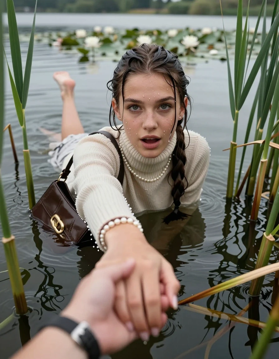 photo of young woman, in soaking wet, drenched clothes,
, , knit turtleneck sweater, handbag, pearl necklace, bracelet, wristwatch, Emerging after diving in a lake with water lilies and reeds, 
enjoying, wet clothes stuck to body,
detailed textures of the wet clothes, wet face, wet plastered hair,
wet, drenched, professional, high-quality details, full body view.
sharp focus, ultra-high pixel detail, realistic, high-quality, full colors, incredibly detailed, 4k, 8k, 16k, hyper-realistic, RAW photo, masterpiece, ultra-detailed, professionally color graded, professional photograph, Sleek long ponytail with bangs

15 years old  teenage girl

open mouth, big eyes. hold with her hands the viewer's hand, pulling them toward the center of the water. Laying her breast and arms on the surface.  Whole body and shoulders are submerged under the surface. Looking up at camera.

she is completely underwater up to her neck,  horny and sexuell aroused expression.

She hides in the reeds.

her submerged clothes are hardly vusible under water, she soaked her handbag into the water

close up view, wet skin, wet clothes, wet hair, damp fabric, water runs down the clothes, wet skin, wet clothes, damp fabric, wet skin, wet clothes, damp fabric, wet skin, wet clothes, damp fabric, wet skin, wet clothes, damp fabric, wet skin, wet clothes, damp fabric, wet skin, wet clothes, damp fabric, wet skin, wet clothes, damp fabric, wet skin, wet clothes, damp fabric, wet skin, wet clothes, damp fabric, wet skin, wet clothes, damp fabric, wet skin, wet clothes, damp fabric, wet skin, wet clothes, damp fabric, wet skin, wet clothes, damp fabric, wet skin, wet clothes, damp fabric, wet skin, wet clothes, damp fabric, wet skin, wet clothes, damp fabric, wet skin, wet clothes, damp fabric, wet skin, wet clothes, damp fabric, wet skin, wet clothes, damp fabric
