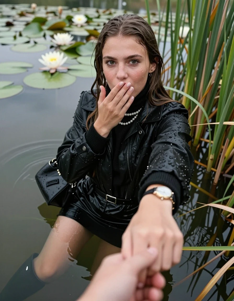 photo of young woman, in soaking wet, drenched clothes,
boots, mini skirt, stockings,  black woolen winter coat,  knit turtleneck sweater, handbag, pearl necklace, bracelet, wristwatch, Emerging after diving in a lake with water lilies and reeds, 
enjoying, wet clothes stuck to body,
detailed textures of the wet clothes, wet face, wet plastered hair,
wet, drenched, professional, high-quality details, full body view.
sharp focus, ultra-high pixel detail, realistic, high-quality, full colors, incredibly detailed, 4k, 8k, 16k, hyper-realistic, RAW photo, masterpiece, ultra-detailed, professionally color graded, professional photograph, Sleek long straight hair

15 years old  teenage girl

open mouth, big eyes. 0ne hand over her mouth, hold with the other the viewer's hand, pulling them toward the center of the water. Laying her breast and arms on the surface.  Whole body and shoulders are submerged under the surface. Looking up at camera.

she is completely underwater up to her neck,  horny and sexuell aroused expression.

She hides in the reeds.

her submerged clothes are hardly vusible under water, she soaked her handbag into the water

close up view, wet skin, wet clothes, wet hair, damp fabric, water runs down the clothes, wet skin, wet clothes, damp fabric, wet skin, wet clothes, damp fabric, wet skin, wet clothes, damp fabric, wet skin, wet clothes, damp fabric, wet skin, wet clothes, damp fabric, wet skin, wet clothes, damp fabric, wet skin, wet clothes, damp fabric, wet skin, wet clothes, damp fabric, wet skin, wet clothes, damp fabric, wet skin, wet clothes, damp fabric, wet skin, wet clothes, damp fabric, wet skin, wet clothes, damp fabric, wet skin, wet clothes, damp fabric, wet skin, wet clothes, damp fabric, wet skin, wet clothes, damp fabric, wet skin, wet clothes, damp fabric, wet skin, wet clothes, damp fabric, wet skin, wet clothes, damp fabric, wet skin, wet clothes, damp fabric