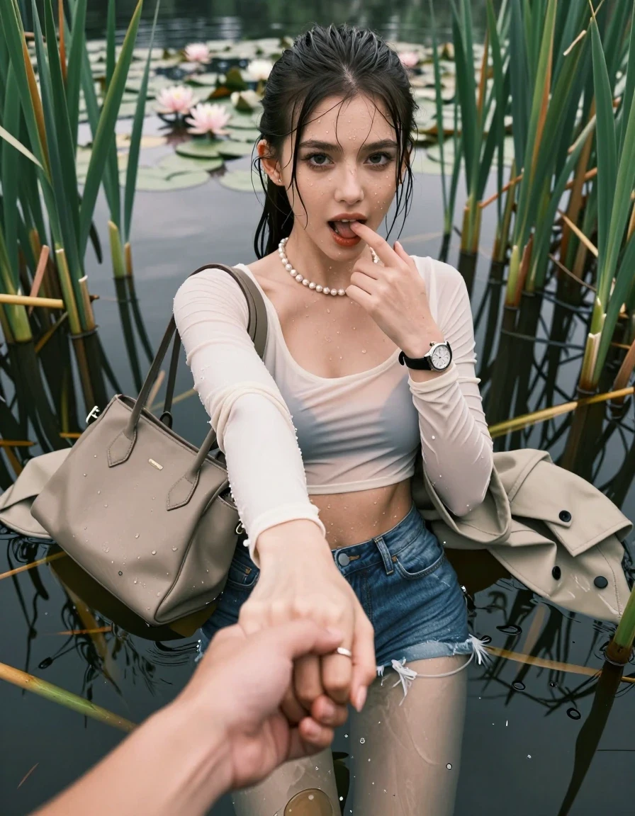 photo of young woman, in soaking wet, drenched clothes,
, sexy mini jeans short, Peacoat, tight sexy longsleeve crop top with wide neckline belly free, handbag, pearl necklace, bracelet, wristwatch, Emerging after diving in a lake with water lilies and reeds, 
enjoying, wet clothes stuck to body,
detailed textures of the wet clothes, wet face, wet plastered hair,
wet, drenched, professional, high-quality details, full body view.
sharp focus, ultra-high pixel detail, realistic, high-quality, full colors, incredibly detailed, 4k, 8k, 16k, hyper-realistic, RAW photo, masterpiece, ultra-detailed, professionally color graded, professional photograph, Sleek long ponytail with bangs

15 years old  teenage girl

open mouth, big eyes. 0ne hand with a finger at her tongue  inside her mouth, hold with the other the viewer's hand, pulling them toward the center of the water. Laying her breast and arms on the surface.  Whole body and shoulders are submerged under the surface. Looking up at camera.

she is completely underwater up to her neck,  horny and sexuell aroused expression.

She hides in the reeds.

her submerged clothes are hardly vusible under water, she soaked her handbag into the water

close up view, wet skin, wet clothes, wet hair, damp fabric, water runs down the clothes, wet skin, wet clothes, damp fabric, wet skin, wet clothes, damp fabric, wet skin, wet clothes, damp fabric, wet skin, wet clothes, damp fabric, wet skin, wet clothes, damp fabric, wet skin, wet clothes, damp fabric, wet skin, wet clothes, damp fabric, wet skin, wet clothes, damp fabric, wet skin, wet clothes, damp fabric, wet skin, wet clothes, damp fabric, wet skin, wet clothes, damp fabric, wet skin, wet clothes, damp fabric, wet skin, wet clothes, damp fabric, wet skin, wet clothes, damp fabric, wet skin, wet clothes, damp fabric, wet skin, wet clothes, damp fabric, wet skin, wet clothes, damp fabric, wet skin, wet clothes, damp fabric, wet skin, wet clothes, damp fabric, wet skin, wet clothes, damp fabric, wet skin, wet clothes, damp fabric, wet skin, wet clothes, damp fabric