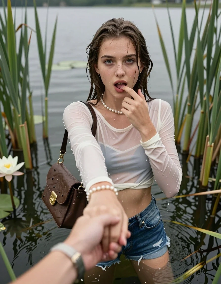 photo of young woman, in soaking wet, drenched clothes,
, sexy mini jeans short, tight sexy longsleeve crop top with wide neckline belly free, handbag, pearl necklace, bracelet, wristwatch, Emerging after diving in a lake with water lilies and reeds, 
enjoying, wet clothes stuck to body,
detailed textures of the wet clothes, wet face, wet plastered hair,
wet, drenched, professional, high-quality details, full body view.
sharp focus, ultra-high pixel detail, realistic, high-quality, full colors, incredibly detailed, 4k, 8k, 16k, hyper-realistic, RAW photo, masterpiece, ultra-detailed, professionally color graded, professional photograph, Sleek long straight hair

15 years old  teenage girl

open mouth, big eyes. 0ne hand with a finger at her tongue  inside her mouth, hold with the other the viewer's hand, pulling them toward the center of the water. Laying her breast and arms on the surface.  Whole body and shoulders are submerged under the surface. Looking up at camera.

she is completely underwater up to her neck,  horny and sexuell aroused expression.

She hides in the reeds.

her submerged clothes are hardly vusible under water, she soaked her handbag into the water

close up view, wet skin, wet clothes, wet hair, damp fabric, water runs down the clothes, wet skin, wet clothes, damp fabric, wet skin, wet clothes, damp fabric, wet skin, wet clothes, damp fabric, wet skin, wet clothes, damp fabric, wet skin, wet clothes, damp fabric, wet skin, wet clothes, damp fabric, wet skin, wet clothes, damp fabric, wet skin, wet clothes, damp fabric, wet skin, wet clothes, damp fabric, wet skin, wet clothes, damp fabric, wet skin, wet clothes, damp fabric, wet skin, wet clothes, damp fabric, wet skin, wet clothes, damp fabric, wet skin, wet clothes, damp fabric, wet skin, wet clothes, damp fabric, wet skin, wet clothes, damp fabric, wet skin, wet clothes, damp fabric, wet skin, wet clothes, damp fabric, wet skin, wet clothes, damp fabric, wet skin, wet clothes, damp fabric