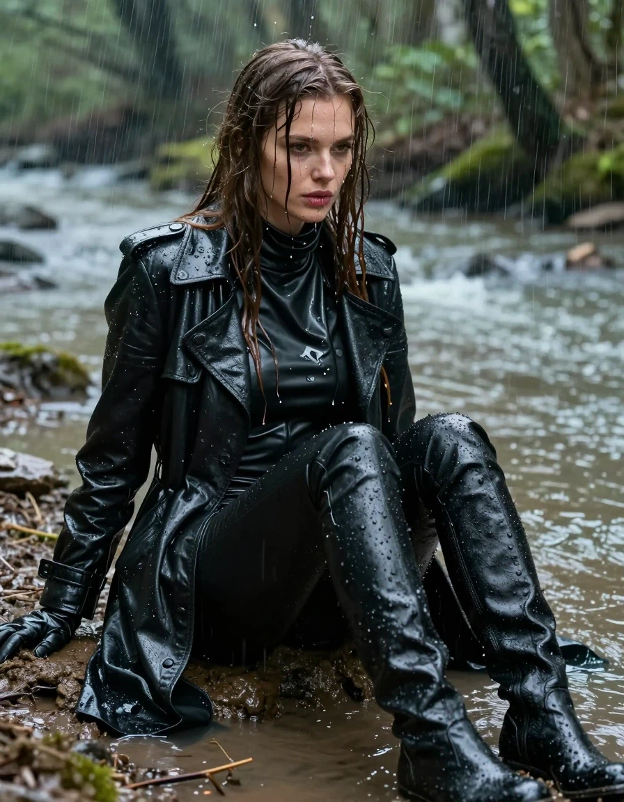 A photorealistic medium shot of a young adult European woman with long, dripping wet brown hair, sitting in a shallow forest river during a heavy downpour. She is wearing a black leather polar neck shirt, a black leather trench coat, black leather gloves, and black leather knee-high boots. Her black leather jeans are visibly soaked, showing heavy wet folds, water-saturated material, and strong glossy specular reflections on the surface texture. Her skin is drenched with water, clinging to the damp fabric of her clothes, and her entire figure is covered in splatters of mud from the surrounding muddy riverbank. She is sitting directly under the heavy deluge of rain, with water streaming down her face and clothing. Cinematic lighting highlights the water sheen and the texture of the wet leather and mud. High-resolution photography, sharp focus, hyper-realistic textures, 8k, detailed skin pores, realistic water physics, atmospheric forest environment.