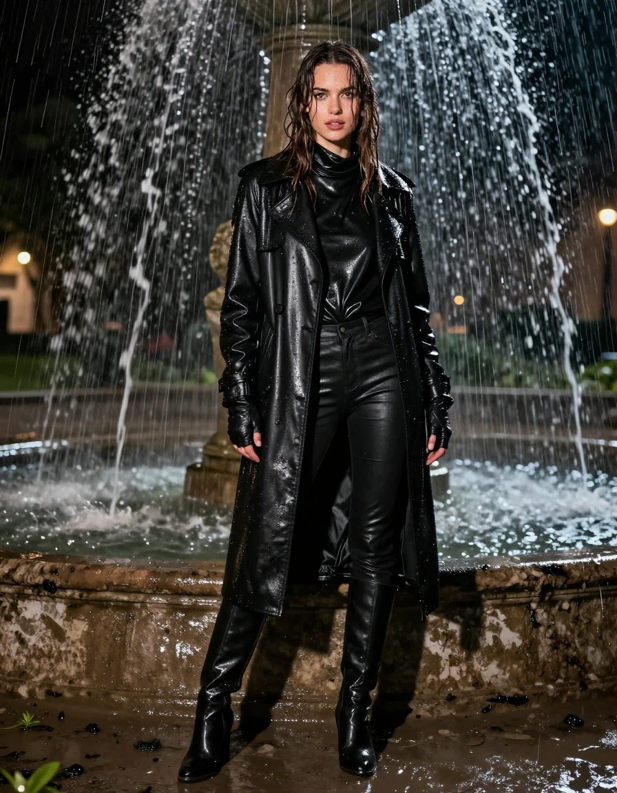 photo of young woman, in soaking wet, drenched clothes,
black leather knee-high boots, black leather jeans, oversize black leather polar neck shirt, leather gloves on both hands, black leather trench coat, standing under an outdoor fountain, drenched in water, heavy rain, at night, 
enjoying, wet clothes stuck to body,
detailed textures of the wet clothes, wet face, wet plastered hair,
wet, drenched, professional, high-quality details, full body view.
sharp focus, ultra-high pixel detail, realistic, high-quality, full colors, incredibly detailed, 4k, 8k, 16k, hyper-realistic, RAW photo, masterpiece, ultra-detailed, professionally color graded, professional photograph, white woman, long dripping wet brown hair,, wet skin, wet clothes, damp fabric, standing directly under the water from the fountain, wet skin, wet clothes, damp fabric, covered in mud from the muddy field, wet skin, wet clothes, damp fabric