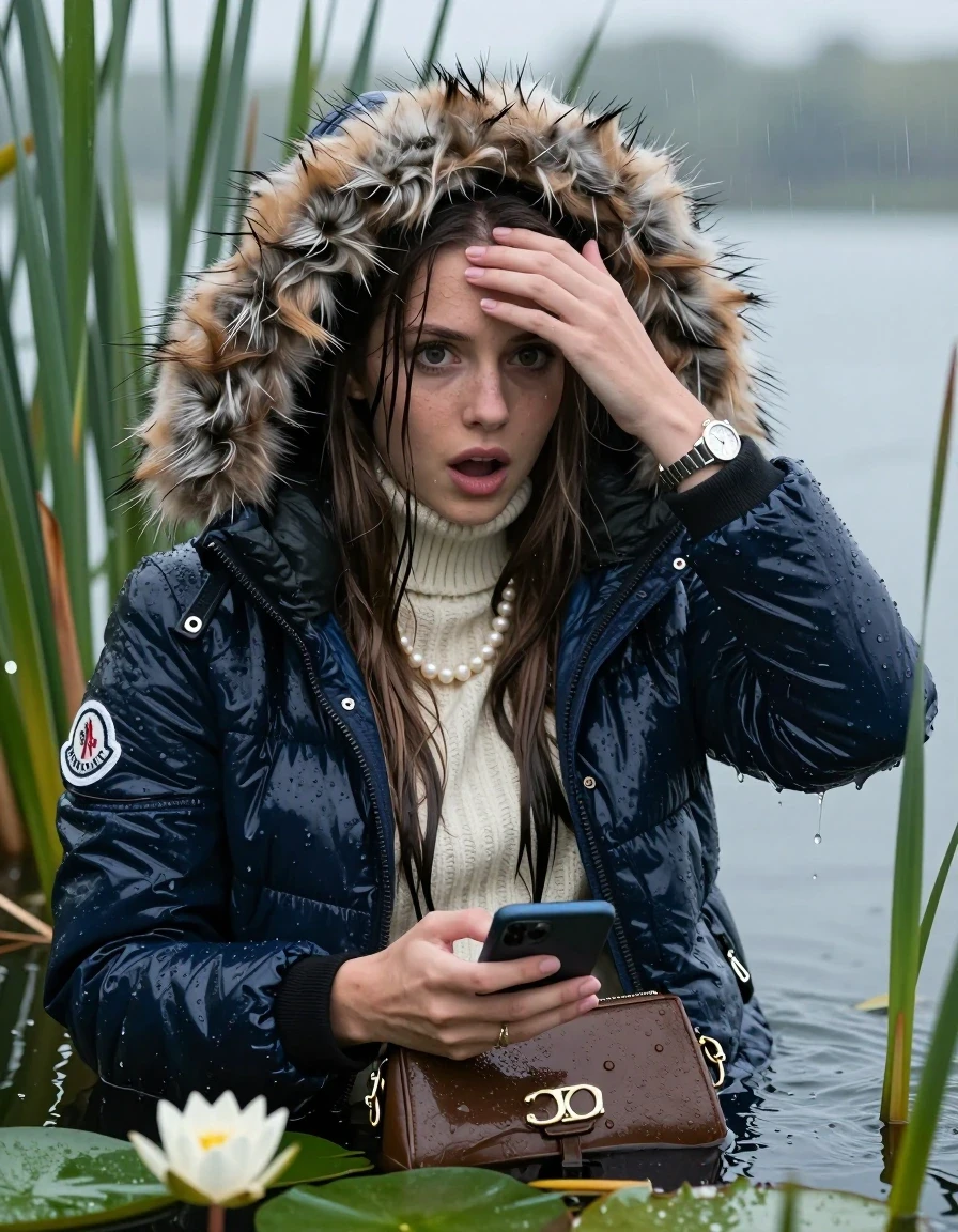 photo of young woman, in soaking wet, drenched clothes,
, , Moncler Puffer down jacket with big fur hood,  knit turtleneck sweater, handbag, pearl necklace, bracelet, wristwatch , Emerging after diving in a lake with water lilies and reeds, rain , 
enjoying, wet clothes stuck to body,
detailed textures of the wet clothes, wet face, wet plastered hair,
wet, drenched, professional, high-quality details, full body view.
sharp focus, ultra-high pixel detail, realistic, high-quality, full colors, incredibly detailed, 4k, 8k, 16k, hyper-realistic, RAW photo, masterpiece, ultra-detailed, professionally color graded, professional photograph, Close-up. 
Sleek long straight hair 

19 years old  teenage girl

open mouth, big eyes, one hand on her forehead and in the other hand her smartphone. Laying her breast on the surface.  Looking at camera.

she is completely underwater up to her neck, afraid and astonished expression.

She hides in the reeds and is surprised by spectators

her submerged clothes are hardly vusible under water, she soaked her handbag into the water

close up view, wet skin, wet clothes, wet hair, damp fabric, water runs down the clothes, wet skin, wet clothes, damp fabric, wet skin, wet clothes, damp fabric, wet skin, wet clothes, damp fabric, wet skin, wet clothes, damp fabric, wet skin, wet clothes, damp fabric, wet skin, wet clothes, damp fabric, wet skin, wet clothes, damp fabric, wet skin, wet clothes, damp fabric, wet skin, wet clothes, damp fabric, wet skin, wet clothes, damp fabric, wet skin, wet clothes, damp fabric, wet skin, wet clothes, damp fabric, wet skin, wet clothes, damp fabric, wet skin, wet clothes, damp fabric, wet skin, wet clothes, damp fabric, wet skin, wet clothes, damp fabric, wet skin, wet clothes, damp fabric