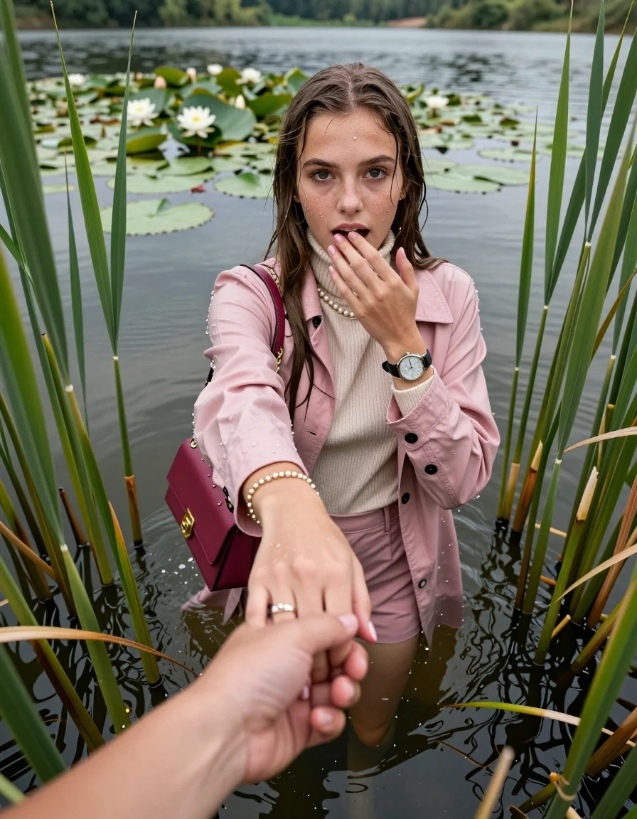 photo of young woman, in soaking wet, drenched clothes,
boots, mini skirt,  pink coat,  knit turtleneck sweater, handbag, pearl necklace, bracelet, wristwatch, Emerging after diving in a lake with water lilies and reeds, 
enjoying, wet clothes stuck to body,
detailed textures of the wet clothes, wet face, wet plastered hair,
wet, drenched, professional, high-quality details, full body view.
sharp focus, ultra-high pixel detail, realistic, high-quality, full colors, incredibly detailed, 4k, 8k, 16k, hyper-realistic, RAW photo, masterpiece, ultra-detailed, professionally color graded, professional photograph, Sleek long straight hair

15 years old  teenage girl

open mouth, big eyes. 0ne hand over her mouth, hold with the other the viewer's hand, pulling them toward the center of the water. Laying her breast and arms on the surface.  Whole body and shoulders are submerged under the surface. Looking up at camera.

she is completely underwater up to her neck,  horny and sexuell aroused expression.

She hides in the reeds.

her submerged clothes are hardly vusible under water, she soaked her handbag into the water

close up view, wet skin, wet clothes, wet hair, damp fabric, water runs down the clothes, wet skin, wet clothes, damp fabric, wet skin, wet clothes, damp fabric, wet skin, wet clothes, damp fabric, wet skin, wet clothes, damp fabric, wet skin, wet clothes, damp fabric, wet skin, wet clothes, damp fabric, wet skin, wet clothes, damp fabric, wet skin, wet clothes, damp fabric, wet skin, wet clothes, damp fabric, wet skin, wet clothes, damp fabric, wet skin, wet clothes, damp fabric, wet skin, wet clothes, damp fabric, wet skin, wet clothes, damp fabric, wet skin, wet clothes, damp fabric, wet skin, wet clothes, damp fabric, wet skin, wet clothes, damp fabric, wet skin, wet clothes, damp fabric, wet skin, wet clothes, damp fabric, wet skin, wet clothes, damp fabric