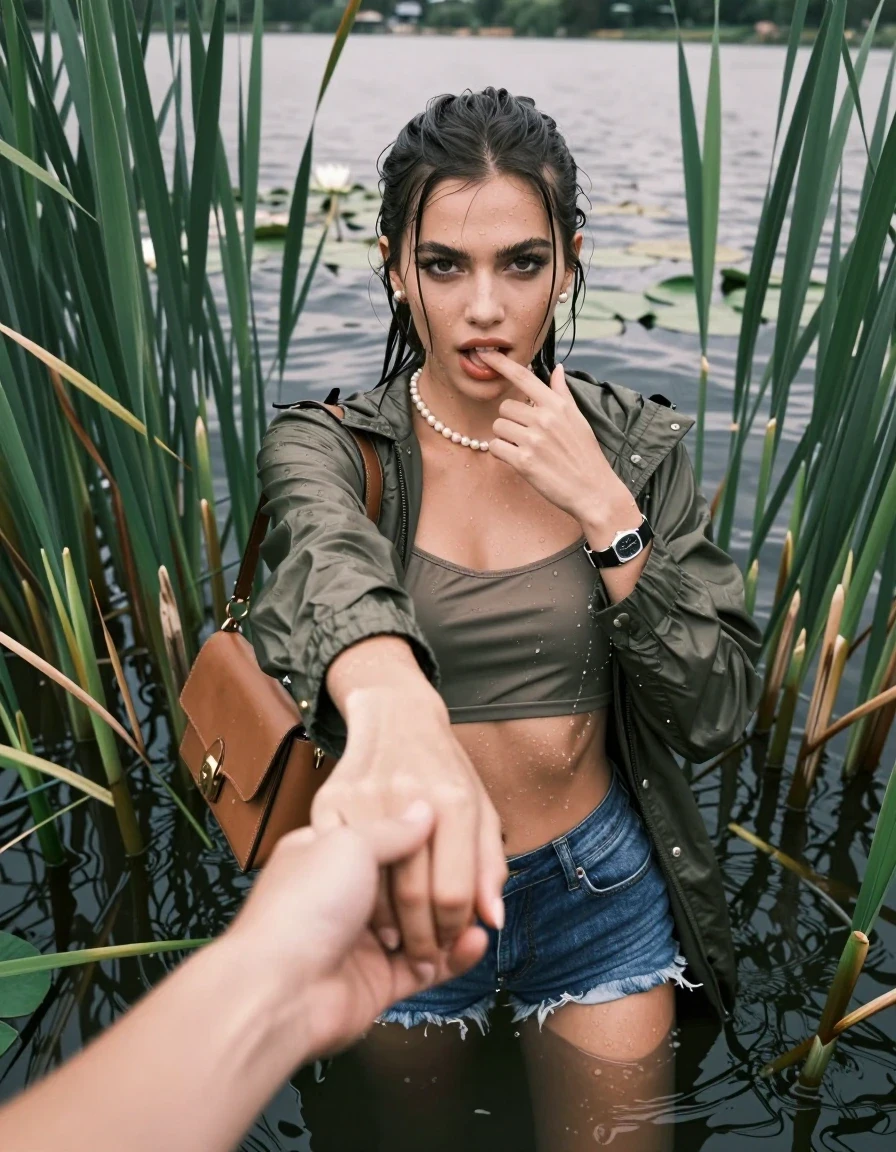 photo of young woman, in soaking wet, drenched clothes,
, sexy mini jeans short, olive green parka, tight sexy longsleeve crop top with wide neckline belly free, handbag, pearl necklace, bracelet, wristwatch, Emerging after diving in a lake with water lilies and reeds, 
enjoying, wet clothes stuck to body,
detailed textures of the wet clothes, wet face, wet plastered hair,
wet, drenched, professional, high-quality details, full body view.
sharp focus, ultra-high pixel detail, realistic, high-quality, full colors, incredibly detailed, 4k, 8k, 16k, hyper-realistic, RAW photo, masterpiece, ultra-detailed, professionally color graded, professional photograph, Sleek long ponytail with bangs

15 years old  teenage girl

open mouth, big eyes. 0ne hand with a finger at her tongue  inside her mouth, hold with the other the viewer's hand, pulling them toward the center of the water. Laying her breast and arms on the surface.  Whole body and shoulders are submerged under the surface. Looking up at camera.

she is completely underwater up to her neck,  horny and sexuell aroused expression.

She hides in the reeds.

her submerged clothes are hardly vusible under water, she soaked her handbag into the water

close up view, wet skin, wet clothes, wet hair, damp fabric, water runs down the clothes, wet skin, wet clothes, damp fabric, wet skin, wet clothes, damp fabric, wet skin, wet clothes, damp fabric, wet skin, wet clothes, damp fabric, wet skin, wet clothes, damp fabric, wet skin, wet clothes, damp fabric, wet skin, wet clothes, damp fabric, wet skin, wet clothes, damp fabric, wet skin, wet clothes, damp fabric, wet skin, wet clothes, damp fabric, wet skin, wet clothes, damp fabric, wet skin, wet clothes, damp fabric, wet skin, wet clothes, damp fabric, wet skin, wet clothes, damp fabric, wet skin, wet clothes, damp fabric, wet skin, wet clothes, damp fabric, wet skin, wet clothes, damp fabric, wet skin, wet clothes, damp fabric, wet skin, wet clothes, damp fabric, wet skin, wet clothes, damp fabric, wet skin, wet clothes, damp fabric, wet skin, wet clothes, damp fabric