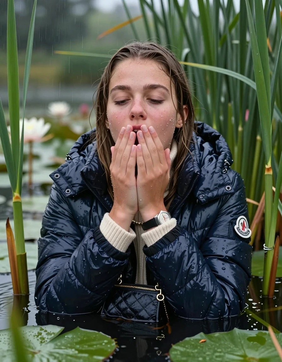 photo of young woman, in soaking wet, drenched clothes,
, , Moncler shiny Puffer down jacket,  knit turtleneck sweater, handbag, pearl necklace, bracelet, wristwatch , Emerging after diving in a lake with water lilies and reeds, rain , 
enjoying, wet clothes stuck to body,
detailed textures of the wet clothes, wet face, wet plastered hair,
wet, drenched, professional, high-quality details, full body view.
sharp focus, ultra-high pixel detail, realistic, high-quality, full colors, incredibly detailed, 4k, 8k, 16k, hyper-realistic, RAW photo, masterpiece, ultra-detailed, professionally color graded, professional photograph, Sleek long straight hair 

19 years old  teenage girl

open mouth, big eyes, hold her hands on her mouth.  Laying her breast on the surface.  Looking up. Closed eyes.

she is completely underwater up to her neck, afraid and astonished expression.

She hides in the reeds and is surprised by spectators

her submerged clothes are hardly vusible under water, she soaked her handbag into the water

close up view, wet skin, wet clothes, wet hair, damp fabric, water runs down the clothes, wet skin, wet clothes, damp fabric, wet skin, wet clothes, damp fabric, wet skin, wet clothes, damp fabric, wet skin, wet clothes, damp fabric, wet skin, wet clothes, damp fabric, wet skin, wet clothes, damp fabric, wet skin, wet clothes, damp fabric, wet skin, wet clothes, damp fabric, wet skin, wet clothes, damp fabric, wet skin, wet clothes, damp fabric, wet skin, wet clothes, damp fabric, wet skin, wet clothes, damp fabric, wet skin, wet clothes, damp fabric, wet skin, wet clothes, damp fabric, wet skin, wet clothes, damp fabric, wet skin, wet clothes, damp fabric, wet skin, wet clothes, damp fabric