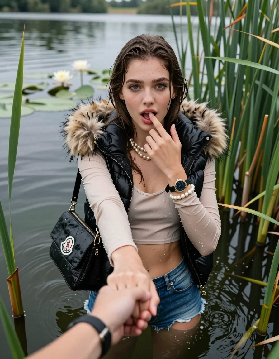 photo of young woman, in soaking wet, drenched clothes,
, sexy mini jeans short, Moncler gilet with big fur hood, tight sexy longsleeve crop top with wide neckline belly free, handbag, pearl necklace, bracelet, wristwatch, Emerging after diving in a lake with water lilies and reeds, 
enjoying, wet clothes stuck to body,
detailed textures of the wet clothes, wet face, wet plastered hair,
wet, drenched, professional, high-quality details, full body view.
sharp focus, ultra-high pixel detail, realistic, high-quality, full colors, incredibly detailed, 4k, 8k, 16k, hyper-realistic, RAW photo, masterpiece, ultra-detailed, professionally color graded, professional photograph, Sleek long straight hair

15 years old  teenage girl

open mouth, big eyes. 0ne hand with a finger at her tongue  inside her mouth, hold with the other the viewer's hand, pulling them toward the center of the water. Laying her breast and arms on the surface.  Whole body and shoulders are submerged under the surface. Looking up at camera. horny eyes.

she is completely underwater up to her neck,  horny and sexuell aroused expression.

She hides in the reeds.

her submerged clothes are hardly vusible under water, she soaked her handbag into the water

close up view, wet skin, wet clothes, wet hair, damp fabric, water runs down the clothes, wet skin, wet clothes, damp fabric, wet skin, wet clothes, damp fabric, wet skin, wet clothes, damp fabric, wet skin, wet clothes, damp fabric, wet skin, wet clothes, damp fabric, wet skin, wet clothes, damp fabric, wet skin, wet clothes, damp fabric, wet skin, wet clothes, damp fabric, wet skin, wet clothes, damp fabric, wet skin, wet clothes, damp fabric, wet skin, wet clothes, damp fabric, wet skin, wet clothes, damp fabric, wet skin, wet clothes, damp fabric, wet skin, wet clothes, damp fabric, wet skin, wet clothes, damp fabric, wet skin, wet clothes, damp fabric, wet skin, wet clothes, damp fabric, wet skin, wet clothes, damp fabric, wet skin, wet clothes, damp fabric, wet skin, wet clothes, damp fabric, wet skin, wet clothes, damp fabric, wet skin, wet clothes, damp fabric, wet skin, wet clothes, damp fabric, wet skin, wet clothes, damp fabric
