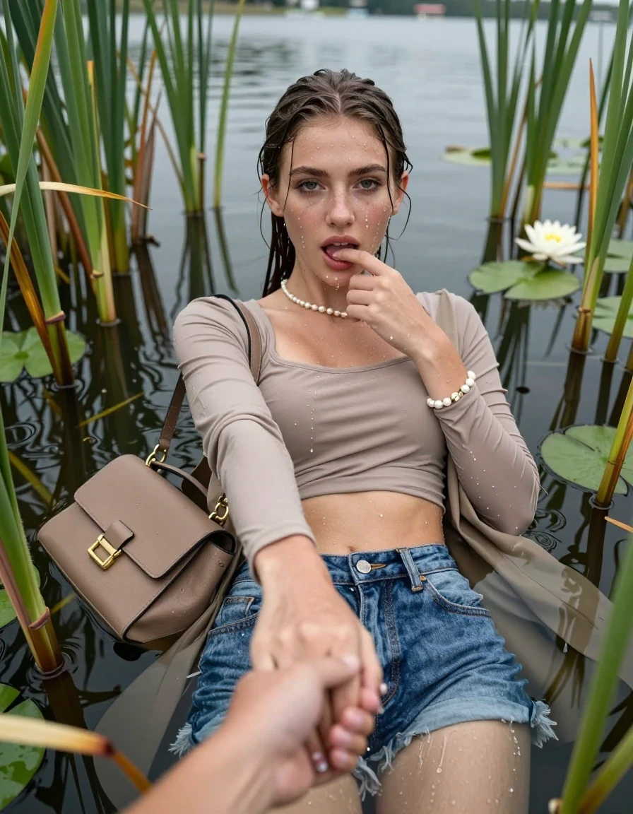 photo of young woman, in soaking wet, drenched clothes,
, sexy mini jeans short, Wool Overcoat, tight sexy longsleeve crop top with wide neckline belly free, handbag, pearl necklace, bracelet, wristwatch, Emerging after diving in a lake with water lilies and reeds, 
enjoying, wet clothes stuck to body,
detailed textures of the wet clothes, wet face, wet plastered hair,
wet, drenched, professional, high-quality details, full body view.
sharp focus, ultra-high pixel detail, realistic, high-quality, full colors, incredibly detailed, 4k, 8k, 16k, hyper-realistic, RAW photo, masterpiece, ultra-detailed, professionally color graded, professional photograph, Sleek long ponytail with bangs

15 years old  teenage girl

open mouth, big eyes. 0ne hand with a finger at her tongue  inside her mouth, hold with the other the viewer's hand, pulling them toward the center of the water. Laying her breast and arms on the surface.  Whole body and shoulders are submerged under the surface. Looking up at camera.

she is completely underwater up to her neck,  horny and sexuell aroused expression.

She hides in the reeds.

her submerged clothes are hardly vusible under water, she soaked her handbag into the water

close up view, wet skin, wet clothes, wet hair, damp fabric, water runs down the clothes, wet skin, wet clothes, damp fabric, wet skin, wet clothes, damp fabric, wet skin, wet clothes, damp fabric, wet skin, wet clothes, damp fabric, wet skin, wet clothes, damp fabric, wet skin, wet clothes, damp fabric, wet skin, wet clothes, damp fabric, wet skin, wet clothes, damp fabric, wet skin, wet clothes, damp fabric, wet skin, wet clothes, damp fabric, wet skin, wet clothes, damp fabric, wet skin, wet clothes, damp fabric, wet skin, wet clothes, damp fabric, wet skin, wet clothes, damp fabric, wet skin, wet clothes, damp fabric, wet skin, wet clothes, damp fabric, wet skin, wet clothes, damp fabric, wet skin, wet clothes, damp fabric, wet skin, wet clothes, damp fabric, wet skin, wet clothes, damp fabric, wet skin, wet clothes, damp fabric, wet skin, wet clothes, damp fabric