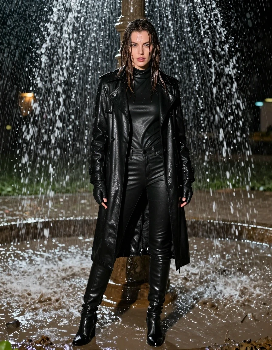 photo of young woman, in soaking wet, drenched clothes,
black leather knee-high boots, black leather jeans, black leather polar neck shirt, leather gloves on both hands, black leather trench coat, standing under an outdoor fountain, drenched in water, heavy rain, at night, 
enjoying, wet clothes stuck to body,
detailed textures of the wet clothes, wet face, wet plastered hair,
wet, drenched, professional, high-quality details, full body view.
sharp focus, ultra-high pixel detail, realistic, high-quality, full colors, incredibly detailed, 4k, 8k, 16k, hyper-realistic, RAW photo, masterpiece, ultra-detailed, professionally color graded, professional photograph, white woman, long dripping wet brown hair,, wet skin, wet clothes, damp fabric, standing directly under the water from the fountain, wet skin, wet clothes, damp fabric, covered in mud from the muddy field, wet skin, wet clothes, damp fabric