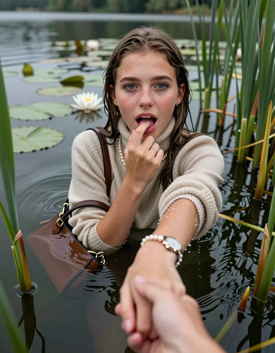 photo of young woman, in soaking wet, drenched clothes,
, , knit turtleneck sweater, handbag, pearl necklace, bracelet, wristwatch, Emerging after diving in a lake with water lilies and reeds, 
enjoying, wet clothes stuck to body,
detailed textures of the wet clothes, wet face, wet plastered hair,
wet, drenched, professional, high-quality details, full body view.
sharp focus, ultra-high pixel detail, realistic, high-quality, full colors, incredibly detailed, 4k, 8k, 16k, hyper-realistic, RAW photo, masterpiece, ultra-detailed, professionally color graded, professional photograph, Sleek long straight hair

15 years old  teenage girl

open mouth, big eyes. 0ne hand with a finger at her tongue  inside her mouth, hold with the other the viewer's hand, pulling them toward the center of the water. Laying her breast and arms on the surface.  Whole body and shoulders are submerged under the surface. Looking up at camera.

she is completely underwater up to her neck,  horny and sexuell aroused expression.

She hides in the reeds.

her submerged clothes are hardly vusible under water, she soaked her handbag into the water

close up view, wet skin, wet clothes, wet hair, damp fabric, water runs down the clothes, wet skin, wet clothes, damp fabric, wet skin, wet clothes, damp fabric, wet skin, wet clothes, damp fabric, wet skin, wet clothes, damp fabric, wet skin, wet clothes, damp fabric, wet skin, wet clothes, damp fabric, wet skin, wet clothes, damp fabric, wet skin, wet clothes, damp fabric, wet skin, wet clothes, damp fabric, wet skin, wet clothes, damp fabric, wet skin, wet clothes, damp fabric, wet skin, wet clothes, damp fabric, wet skin, wet clothes, damp fabric, wet skin, wet clothes, damp fabric, wet skin, wet clothes, damp fabric, wet skin, wet clothes, damp fabric, wet skin, wet clothes, damp fabric, wet skin, wet clothes, damp fabric, wet skin, wet clothes, damp fabric, wet skin, wet clothes, damp fabric