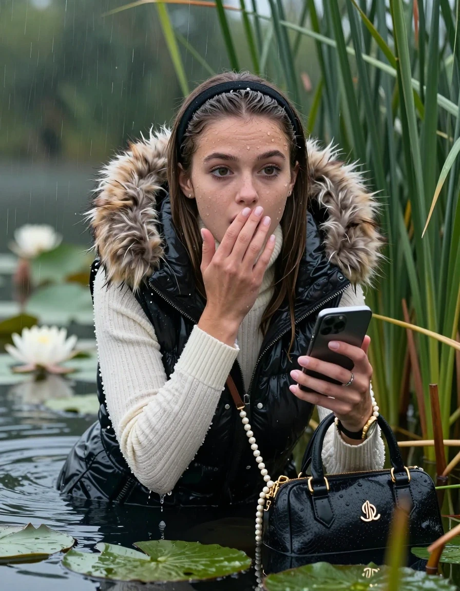 photo of young woman, in soaking wet, drenched clothes,
, , Moncler gilet with big fur hood,  knit turtleneck sweater, handbag, pearl necklace, bracelet, wristwatch , Emerging after diving in a lake with water lilies and reeds, rain , 
enjoying, wet clothes stuck to body,
detailed textures of the wet clothes, wet face, wet plastered hair,
wet, drenched, professional, high-quality details, full body view.
sharp focus, ultra-high pixel detail, realistic, high-quality, full colors, incredibly detailed, 4k, 8k, 16k, hyper-realistic, RAW photo, masterpiece, ultra-detailed, professionally color graded, professional photograph, Sleek long straight hair with hairband

19 years old  teenage girl

open mouth, big eyes, cover her mouth with a hand and in the other hand her smartphone. Laying her breast on the surface.  Looking at camera.

she is completely underwater up to her neck, afraid and astonished expression.

She hides in the reeds and is surprised by spectators

her submerged clothes are hardly vusible under water, she soaked her handbag into the water

close up view, wet skin, wet clothes, wet hair, damp fabric, water runs down the clothes, wet skin, wet clothes, damp fabric, wet skin, wet clothes, damp fabric, wet skin, wet clothes, damp fabric, wet skin, wet clothes, damp fabric, wet skin, wet clothes, damp fabric, wet skin, wet clothes, damp fabric, wet skin, wet clothes, damp fabric, wet skin, wet clothes, damp fabric, wet skin, wet clothes, damp fabric, wet skin, wet clothes, damp fabric, wet skin, wet clothes, damp fabric, wet skin, wet clothes, damp fabric, wet skin, wet clothes, damp fabric, wet skin, wet clothes, damp fabric, wet skin, wet clothes, damp fabric, wet skin, wet clothes, damp fabric