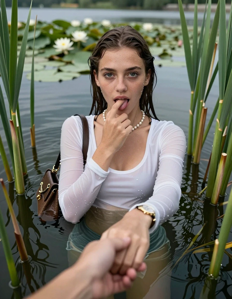 photo of young woman, in soaking wet, drenched clothes,
, , tight sexy longsleeve tshirt with wide neckline belly free, handbag, pearl necklace, bracelet, wristwatch, Emerging after diving in a lake with water lilies and reeds, 
enjoying, wet clothes stuck to body,
detailed textures of the wet clothes, wet face, wet plastered hair,
wet, drenched, professional, high-quality details, full body view.
sharp focus, ultra-high pixel detail, realistic, high-quality, full colors, incredibly detailed, 4k, 8k, 16k, hyper-realistic, RAW photo, masterpiece, ultra-detailed, professionally color graded, professional photograph, Sleek long straight hair

15 years old  teenage girl

open mouth, big eyes. 0ne hand with a finger at her tongue  inside her mouth, hold with the other the viewer's hand, pulling them toward the center of the water. Laying her breast and arms on the surface.  Whole body and shoulders are submerged under the surface. Looking up at camera.

she is completely underwater up to her neck,  horny and sexuell aroused expression.

She hides in the reeds.

her submerged clothes are hardly vusible under water, she soaked her handbag into the water

close up view, wet skin, wet clothes, wet hair, damp fabric, water runs down the clothes, wet skin, wet clothes, damp fabric, wet skin, wet clothes, damp fabric, wet skin, wet clothes, damp fabric, wet skin, wet clothes, damp fabric, wet skin, wet clothes, damp fabric, wet skin, wet clothes, damp fabric, wet skin, wet clothes, damp fabric, wet skin, wet clothes, damp fabric, wet skin, wet clothes, damp fabric, wet skin, wet clothes, damp fabric, wet skin, wet clothes, damp fabric, wet skin, wet clothes, damp fabric, wet skin, wet clothes, damp fabric, wet skin, wet clothes, damp fabric, wet skin, wet clothes, damp fabric, wet skin, wet clothes, damp fabric, wet skin, wet clothes, damp fabric, wet skin, wet clothes, damp fabric, wet skin, wet clothes, damp fabric, wet skin, wet clothes, damp fabric