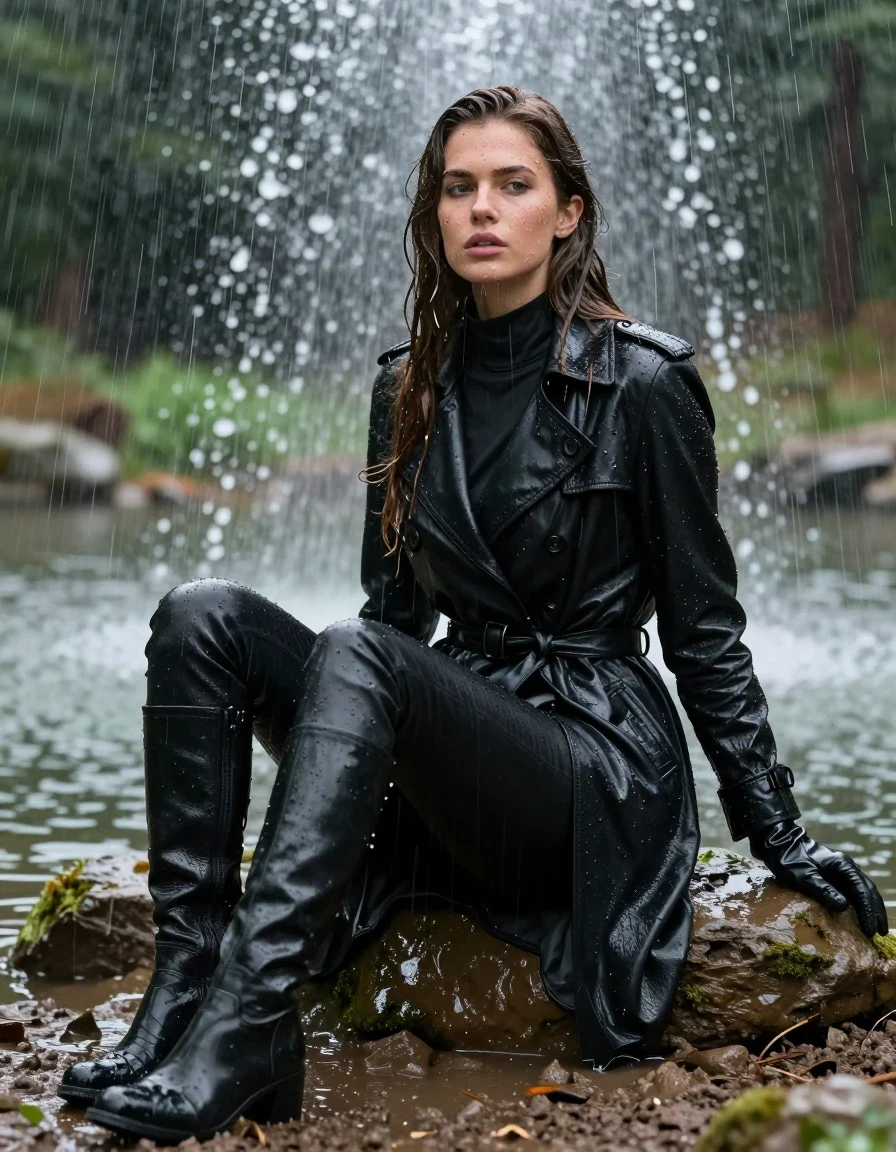 photo of young woman, in soaking wet, drenched clothes,
black leather knee-high boots, black leather jeans, black leather polar neck shirt, leather gloves on both hands, black leather trench coat, sitting in a lake in the forest, drenched in water, heavy rain, 
enjoying, wet clothes stuck to body,
detailed textures of the wet clothes, wet face, wet plastered hair,
wet, drenched, professional, high-quality details, full body view.
sharp focus, ultra-high pixel detail, realistic, high-quality, full colors, incredibly detailed, 4k, 8k, 16k, hyper-realistic, RAW photo, masterpiece, ultra-detailed, professionally color graded, professional photograph, white woman, long dripping wet brown hair,, wet skin, wet clothes, damp fabric, standing directly under the water from the fountain, wet skin, wet clothes, damp fabric, covered in mud from the muddy field, wet skin, wet clothes, damp fabric