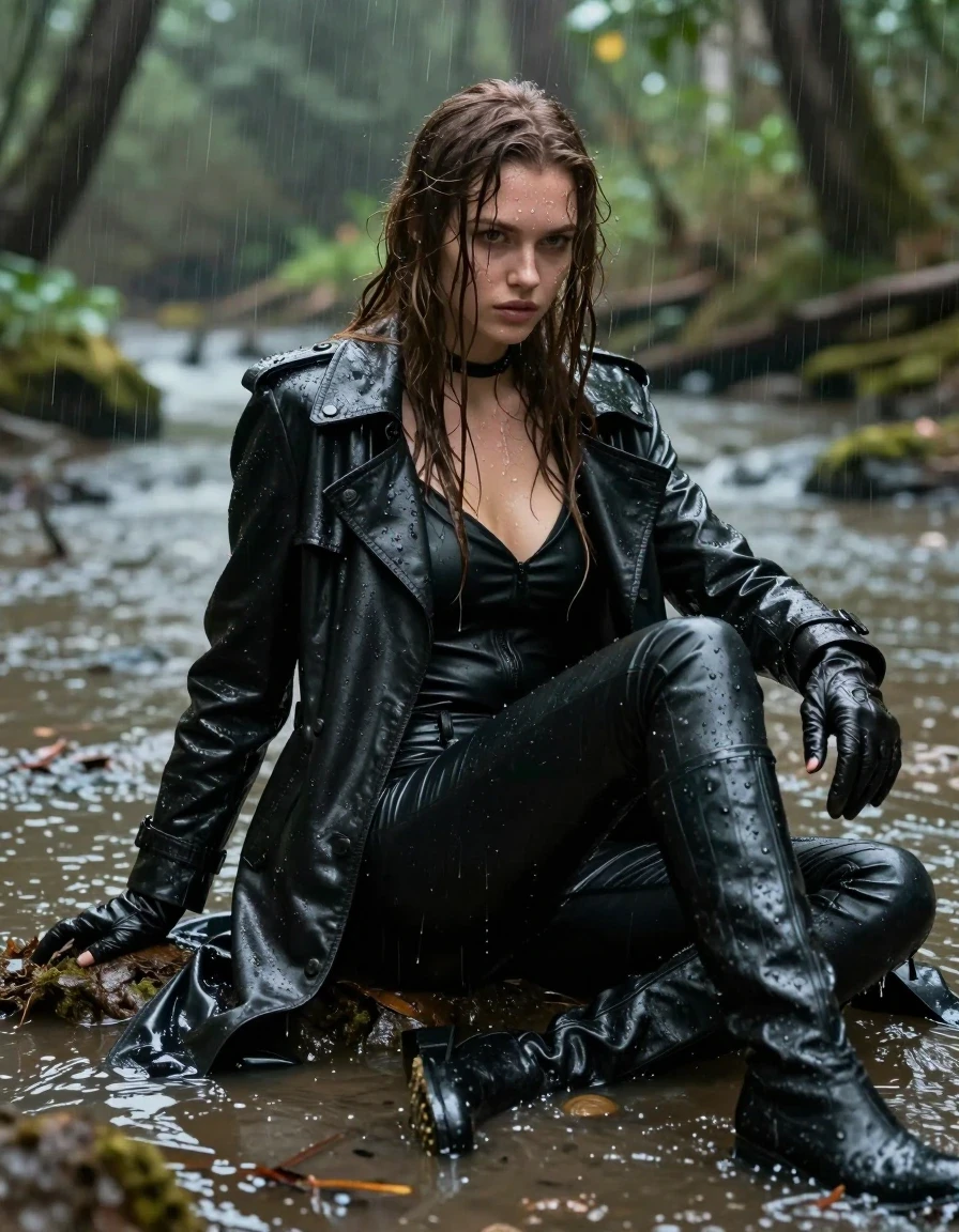 A hyper-realistic full-body shot of a young adult European woman with long, dripping wet brown hair, sitting in a shallow river within a lush forest during a heavy downpour. She is fully clothed in a black leather polar neck shirt, black leather jeans, a black leather trench coat, and leather gloves on both hands, with black leather knee-high boots. Her skin is drenched, pale, and glistening with water, and her clothing is saturated, clinging to her form with heavy, dark wet folds and high-sheen specular reflections. She is covered in streaks of mud from the surrounding muddy forest floor. The scene is captured with intense photographic detail, showing water cascading down her body and soaking the leather textures. The lighting is moody and overcast, emphasizing the wet sheen on the fabric and skin, with water droplets visible in the air. The image maintains a focus on realistic wetness, texture, and environmental immersion, ensuring no nudity is present.
