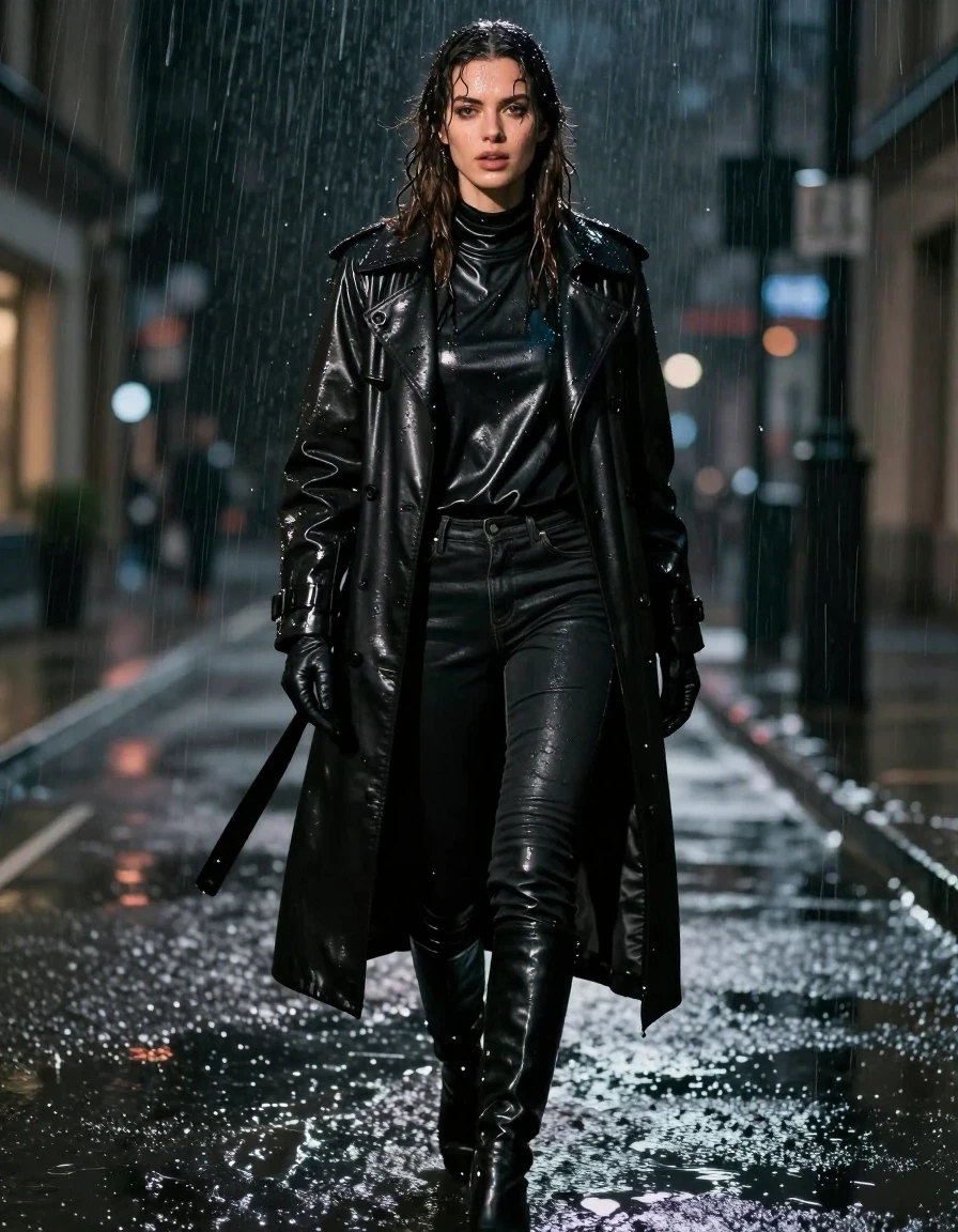 photo of young woman, in soaking wet, drenched clothes,
black leather knee-high boots, black leather jeans, oversize black leather polar neck shirt, leather gloves on both hands, black leather trench coat, standing in heavy rain, drenched in water, at night, 
enjoying, wet clothes stuck to body,
detailed textures of the wet clothes, wet face, wet plastered hair,
wet, drenched, professional, high-quality details, full body view.
sharp focus, ultra-high pixel detail, realistic, high-quality, full colors, incredibly detailed, 4k, 8k, 16k, hyper-realistic, RAW photo, masterpiece, ultra-detailed, professionally color graded, professional photograph, white woman, long dripping wet brown hair,, wet skin, wet clothes, damp fabric, wet skin, wet clothes, damp fabric