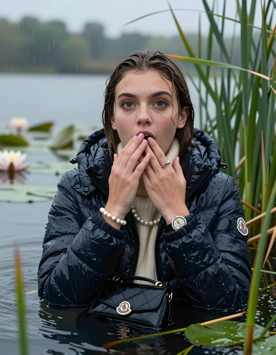 photo of young woman, in soaking wet, drenched clothes,
, , Moncler shiny Puffer down jacket,  knit turtleneck sweater, handbag, pearl necklace, bracelet, wristwatch , Emerging after diving in a lake with water lilies and reeds, rain , 
enjoying, wet clothes stuck to body,
detailed textures of the wet clothes, wet face, wet plastered hair,
wet, drenched, professional, high-quality details, full body view.
sharp focus, ultra-high pixel detail, realistic, high-quality, full colors, incredibly detailed, 4k, 8k, 16k, hyper-realistic, RAW photo, masterpiece, ultra-detailed, professionally color graded, professional photograph, Sleek long straight hair 

19 years old  teenage girl

open mouth, big eyes, hold one hand over her mouth, the other hand between her bouche .  Laying her breast on the surface.  Looking up at camera.

she is completely underwater up to her neck, horny  and sexuell aroused expression. Has an orgasm.

She hides in the reeds and is surprised by spectators

her submerged clothes are hardly vusible under water, she soaked her handbag into the water

close up view, wet skin, wet clothes, wet hair, damp fabric, water runs down the clothes, wet skin, wet clothes, damp fabric, wet skin, wet clothes, damp fabric, wet skin, wet clothes, damp fabric, wet skin, wet clothes, damp fabric, wet skin, wet clothes, damp fabric, wet skin, wet clothes, damp fabric, wet skin, wet clothes, damp fabric, wet skin, wet clothes, damp fabric, wet skin, wet clothes, damp fabric, wet skin, wet clothes, damp fabric, wet skin, wet clothes, damp fabric, wet skin, wet clothes, damp fabric, wet skin, wet clothes, damp fabric, wet skin, wet clothes, damp fabric, wet skin, wet clothes, damp fabric, wet skin, wet clothes, damp fabric, wet skin, wet clothes, damp fabric