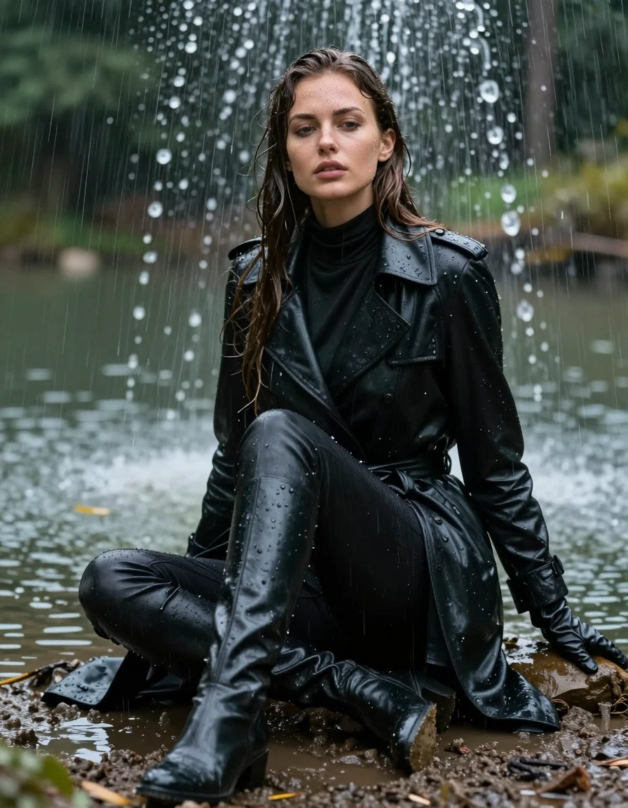 photo of young woman, in soaking wet, drenched clothes,
black leather knee-high boots, black leather jeans, black leather polar neck shirt, leather gloves on both hands, black leather trench coat, sitting in a lake in the forest, drenched in water, heavy rain, 
enjoying, wet clothes stuck to body,
detailed textures of the wet clothes, wet face, wet plastered hair,
wet, drenched, professional, high-quality details, full body view.
sharp focus, ultra-high pixel detail, realistic, high-quality, full colors, incredibly detailed, 4k, 8k, 16k, hyper-realistic, RAW photo, masterpiece, ultra-detailed, professionally color graded, professional photograph, white woman, long dripping wet brown hair,, wet skin, wet clothes, damp fabric, standing directly under the water from the fountain, wet skin, wet clothes, damp fabric, covered in mud from the muddy field, wet skin, wet clothes, damp fabric