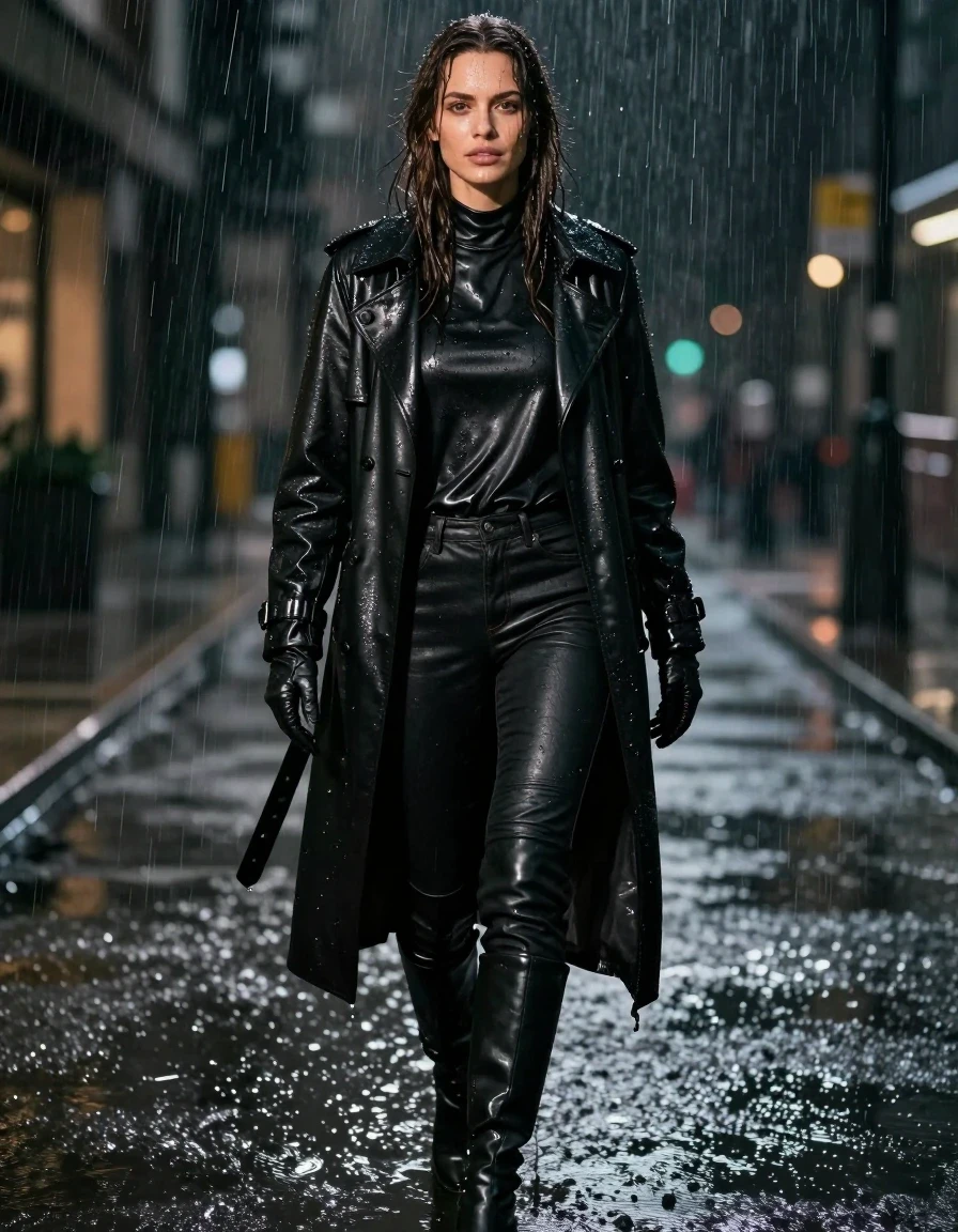 photo of young woman, in soaking wet, drenched clothes,
black leather knee-high boots, black leather jeans, oversize black leather polar neck shirt, leather gloves on both hands, black leather trench coat, standing in heavy rain, drenched in water, at night, 
enjoying, wet clothes stuck to body,
detailed textures of the wet clothes, wet face, wet plastered hair,
wet, drenched, professional, high-quality details, full body view.
sharp focus, ultra-high pixel detail, realistic, high-quality, full colors, incredibly detailed, 4k, 8k, 16k, hyper-realistic, RAW photo, masterpiece, ultra-detailed, professionally color graded, professional photograph, white woman, long dripping wet brown hair,, wet skin, wet clothes, damp fabric, wet skin, wet clothes, damp fabric