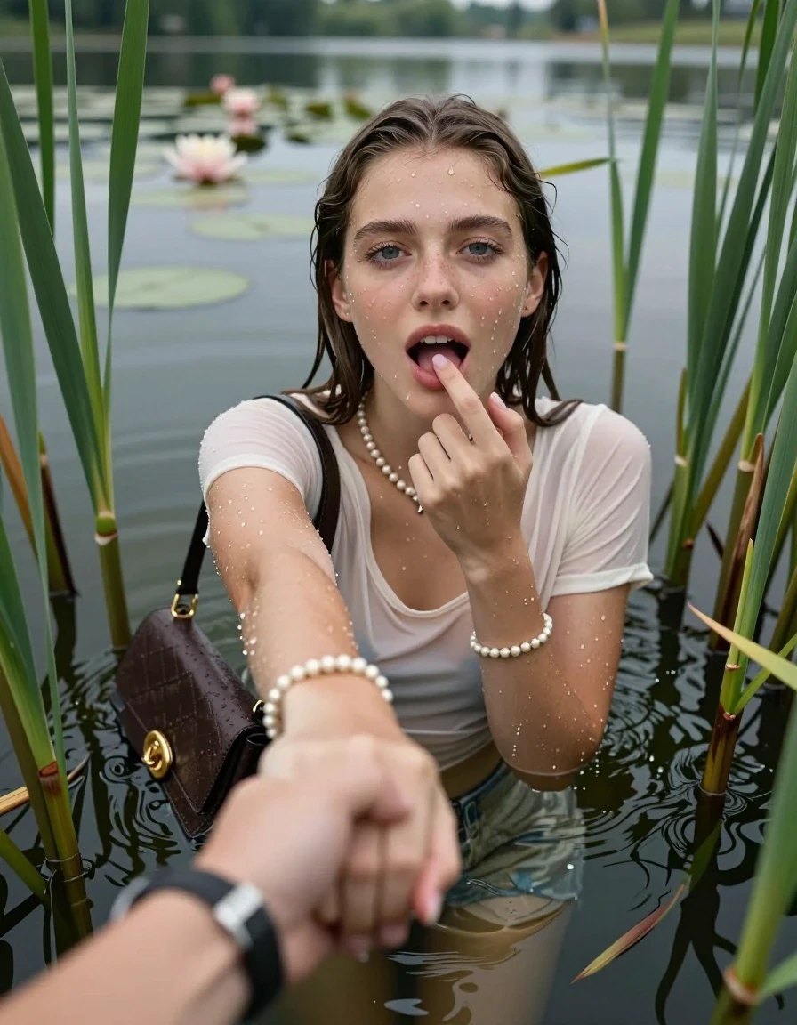 photo of young woman, in soaking wet, drenched clothes,
, , tight sexy tshirt with wide neckline, handbag, pearl necklace, bracelet, wristwatch, Emerging after diving in a lake with water lilies and reeds, 
enjoying, wet clothes stuck to body,
detailed textures of the wet clothes, wet face, wet plastered hair,
wet, drenched, professional, high-quality details, full body view.
sharp focus, ultra-high pixel detail, realistic, high-quality, full colors, incredibly detailed, 4k, 8k, 16k, hyper-realistic, RAW photo, masterpiece, ultra-detailed, professionally color graded, professional photograph, Sleek long straight hair

15 years old  teenage girl

open mouth, big eyes. 0ne hand with a finger at her tongue  inside her mouth, hold with the other the viewer's hand, pulling them toward the center of the water. Laying her breast and arms on the surface.  Whole body and shoulders are submerged under the surface. Looking up at camera.

she is completely underwater up to her neck,  horny and sexuell aroused expression.

She hides in the reeds.

her submerged clothes are hardly vusible under water, she soaked her handbag into the water

close up view, wet skin, wet clothes, wet hair, damp fabric, water runs down the clothes, wet skin, wet clothes, damp fabric, wet skin, wet clothes, damp fabric, wet skin, wet clothes, damp fabric, wet skin, wet clothes, damp fabric, wet skin, wet clothes, damp fabric, wet skin, wet clothes, damp fabric, wet skin, wet clothes, damp fabric, wet skin, wet clothes, damp fabric, wet skin, wet clothes, damp fabric, wet skin, wet clothes, damp fabric, wet skin, wet clothes, damp fabric, wet skin, wet clothes, damp fabric, wet skin, wet clothes, damp fabric, wet skin, wet clothes, damp fabric, wet skin, wet clothes, damp fabric, wet skin, wet clothes, damp fabric, wet skin, wet clothes, damp fabric, wet skin, wet clothes, damp fabric, wet skin, wet clothes, damp fabric, wet skin, wet clothes, damp fabric