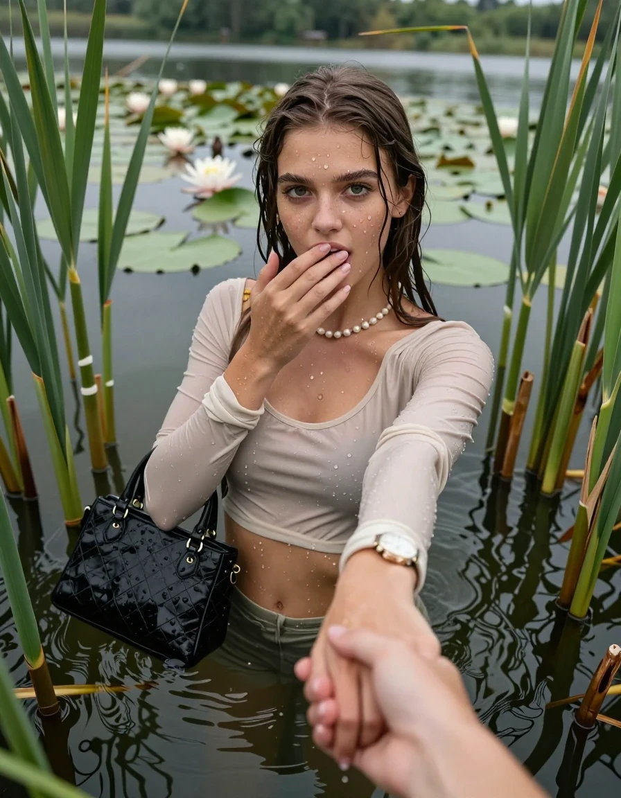 photo of young woman, in soaking wet, drenched clothes,
, , tight sexy longsleeve crop top with wide neckline belly free, handbag, pearl necklace, bracelet, wristwatch, Emerging after diving in a lake with water lilies and reeds, 
enjoying, wet clothes stuck to body,
detailed textures of the wet clothes, wet face, wet plastered hair,
wet, drenched, professional, high-quality details, full body view.
sharp focus, ultra-high pixel detail, realistic, high-quality, full colors, incredibly detailed, 4k, 8k, 16k, hyper-realistic, RAW photo, masterpiece, ultra-detailed, professionally color graded, professional photograph, Sleek long straight hair

15 years old  teenage girl

open mouth, big eyes. 0ne hand over her mouth, hold with the other the viewer's hand, pulling them toward the center of the water. Laying her breast and arms on the surface.  Whole body and shoulders are submerged under the surface. Looking up at camera.

she is completely underwater up to her neck,  horny and sexuell aroused expression.

She hides in the reeds.

her submerged clothes are hardly vusible under water, she soaked her handbag into the water

close up view, wet skin, wet clothes, wet hair, damp fabric, water runs down the clothes, wet skin, wet clothes, damp fabric, wet skin, wet clothes, damp fabric, wet skin, wet clothes, damp fabric, wet skin, wet clothes, damp fabric, wet skin, wet clothes, damp fabric, wet skin, wet clothes, damp fabric, wet skin, wet clothes, damp fabric, wet skin, wet clothes, damp fabric, wet skin, wet clothes, damp fabric, wet skin, wet clothes, damp fabric, wet skin, wet clothes, damp fabric, wet skin, wet clothes, damp fabric, wet skin, wet clothes, damp fabric, wet skin, wet clothes, damp fabric, wet skin, wet clothes, damp fabric, wet skin, wet clothes, damp fabric, wet skin, wet clothes, damp fabric, wet skin, wet clothes, damp fabric, wet skin, wet clothes, damp fabric, wet skin, wet clothes, damp fabric