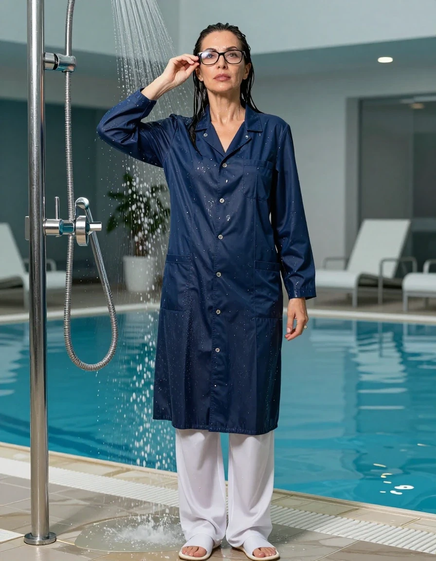 photo of young woman, in soaking wet, drenched clothes,
slippers, long dark white labtrousers, maxi dark blue labcoat with long sleeves, TAKING SHOWER, indoor swimming pool, enjoying wet clothes stuck body, 
enjoying, wet clothes stuck to body,
detailed textures of the wet clothes, wet face, wet plastered hair,
wet, drenched, professional, high-quality details, full body view.
sharp focus, ultra-high pixel detail, realistic, high-quality, full colors, incredibly detailed, 4k, 8k, 16k, hyper-realistic, RAW photo, masterpiece, ultra-detailed, professionally color graded, professional photograph, europen brunette skinny woman 50 years old, long dark black hair, very big and thick lips,  office glasses, complete body, wet skin, wet clothes, damp fabric, wet skin, wet clothes, damp fabric, wet skin, wet clothes, damp fabric, wet skin, wet clothes, damp fabric, wet skin, wet clothes, damp fabric